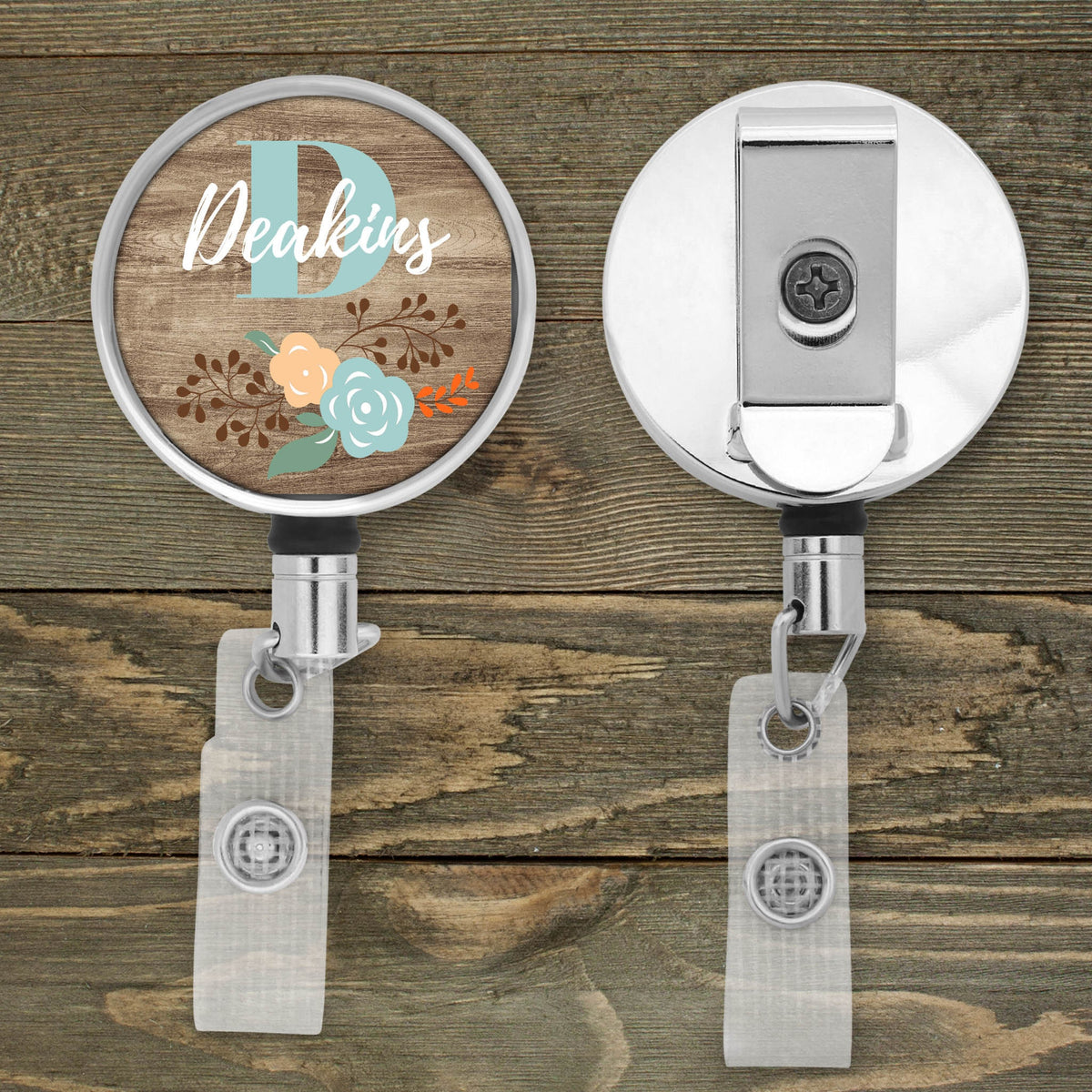 Customized Badge Reel | Personalized Office Accessories | Photo Badge Reel | Faux Wood Floral