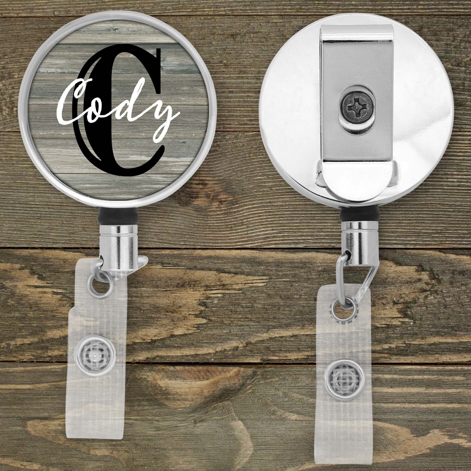 Customized Badge Reel | Personalized Office Accessories | Photo Badge Reel | Rustic Monogram