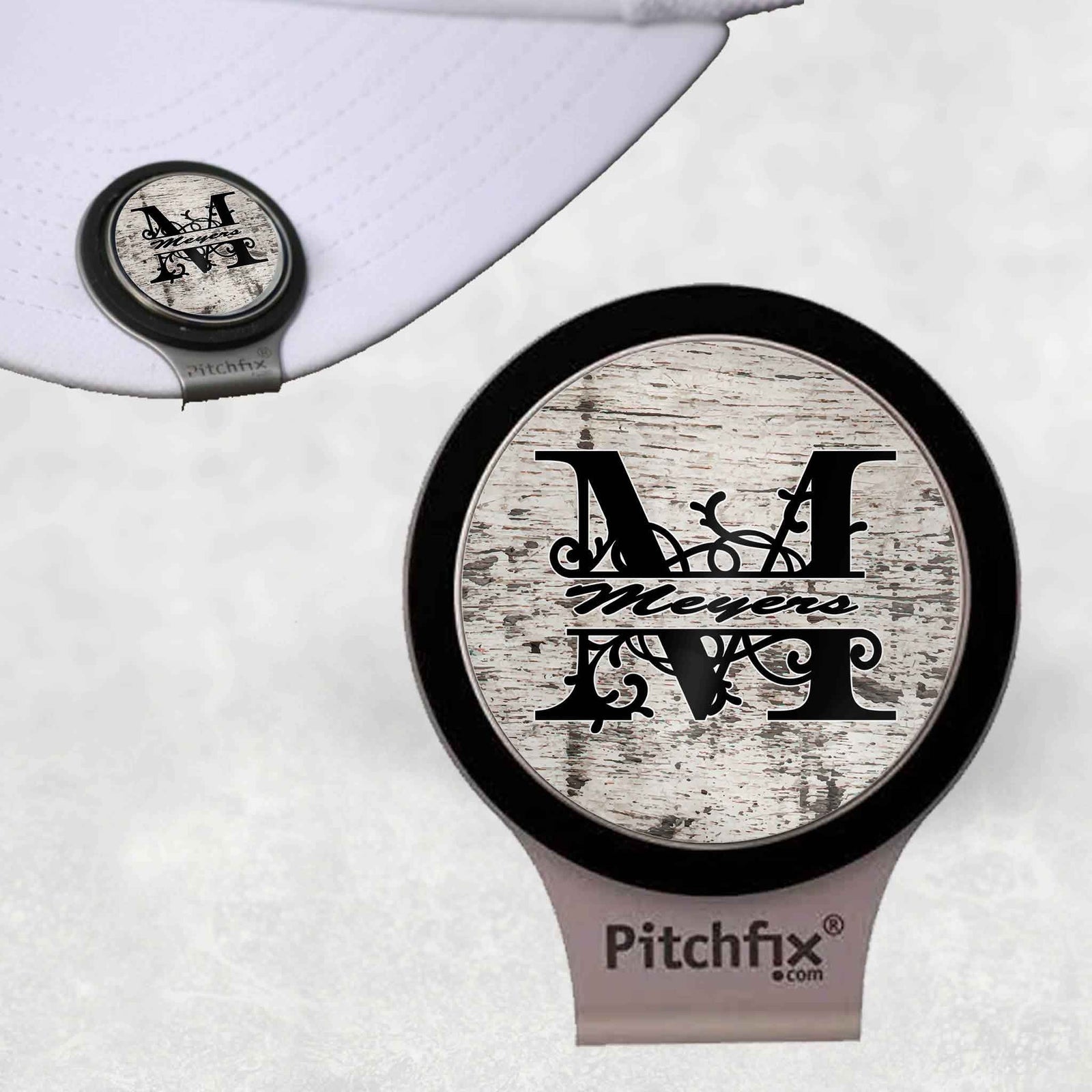 Custom Pitchfix Golf Accessories | Personalized Golf Hatclip | Distressed Wood Monogram