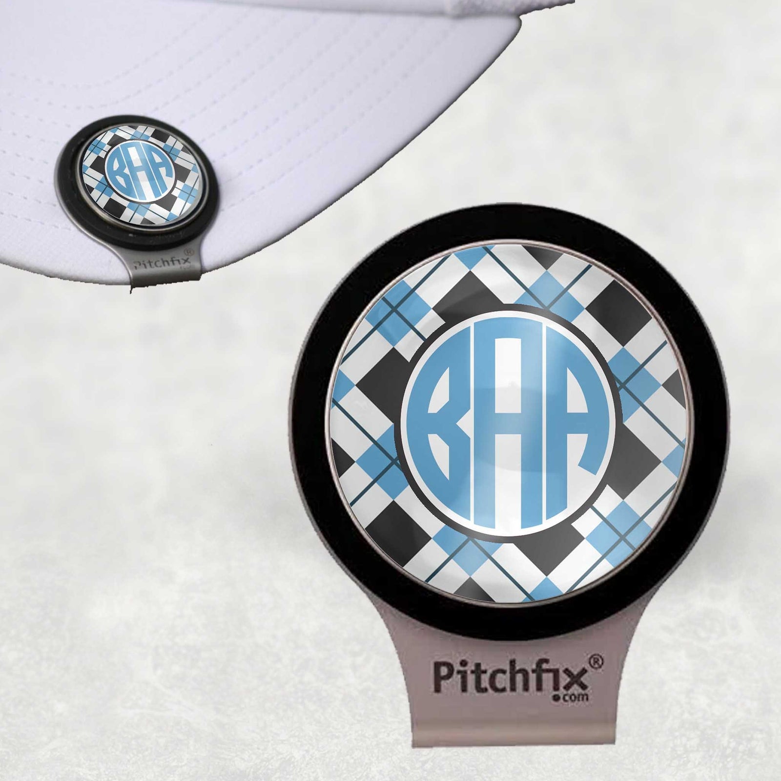 Custom Pitchfix Golf Accessories | Personalized Golf Hatclip | Light Blue Argyle