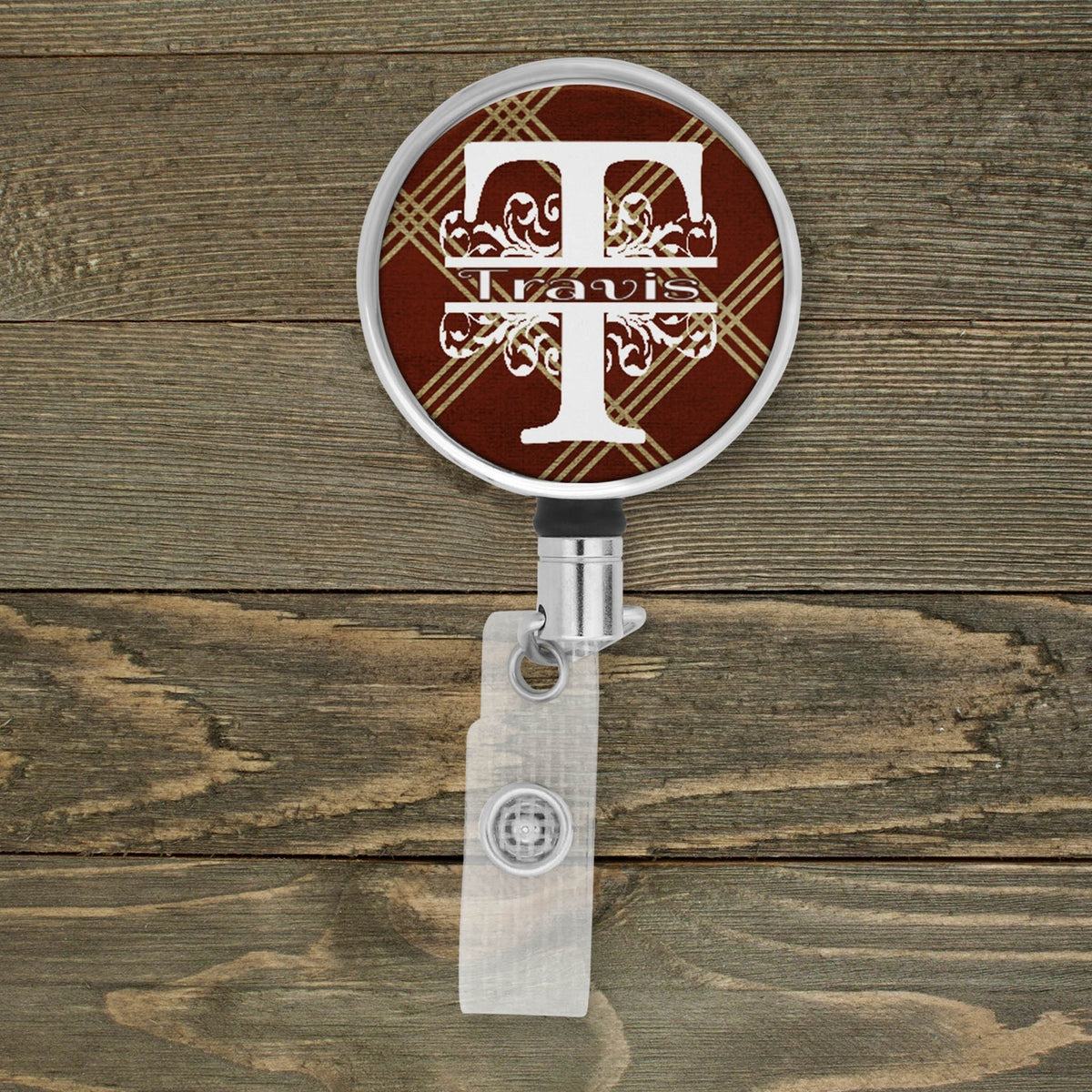 Customized Badge Reel | Personalized Office Accessories | Photo Badge Reel | Brown Argyle