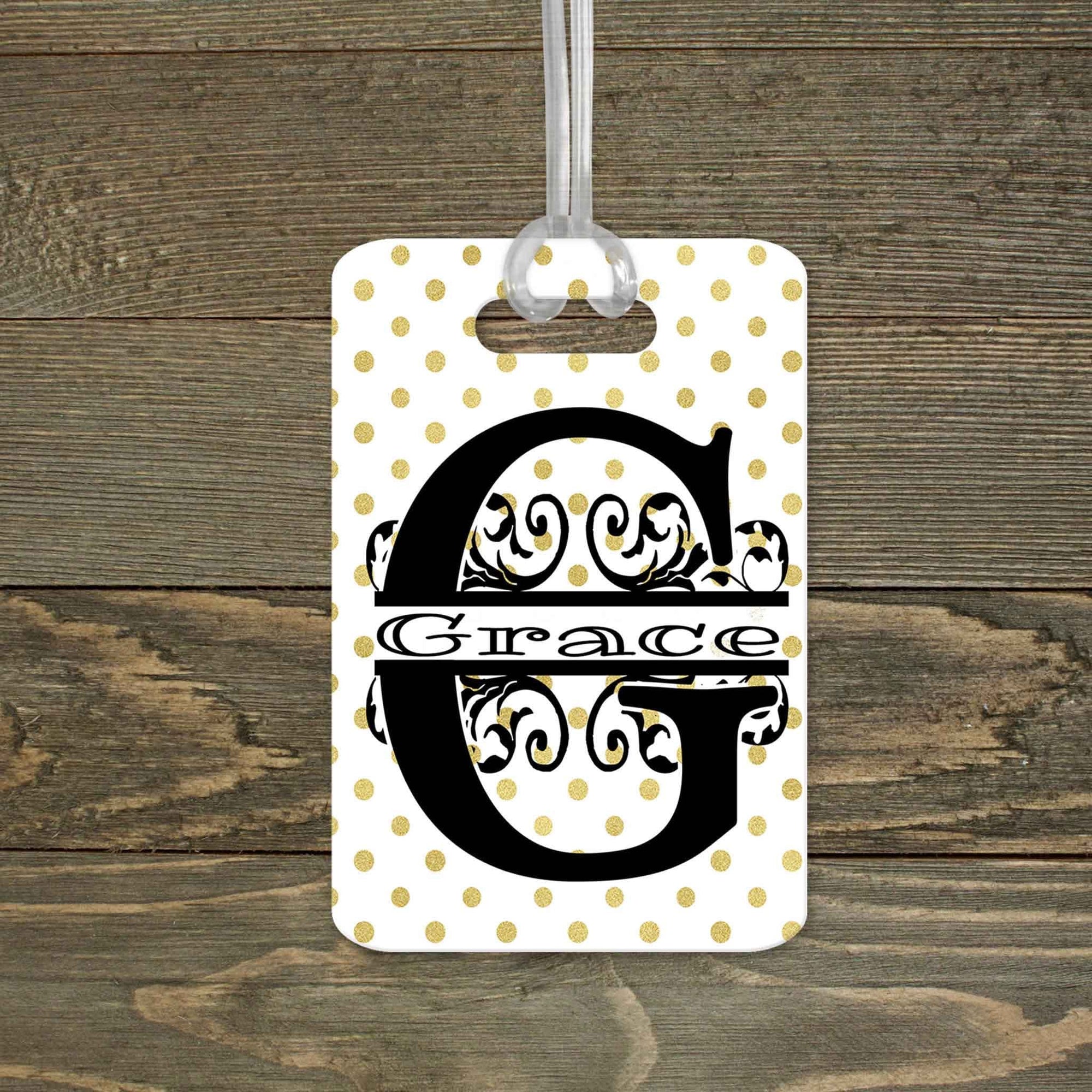 This & That Solutions - Personalized Luggage Tag | Custom Monogram Bag Tag | Gold Polka Dot - Personalized Gifts & Custom Home Decor