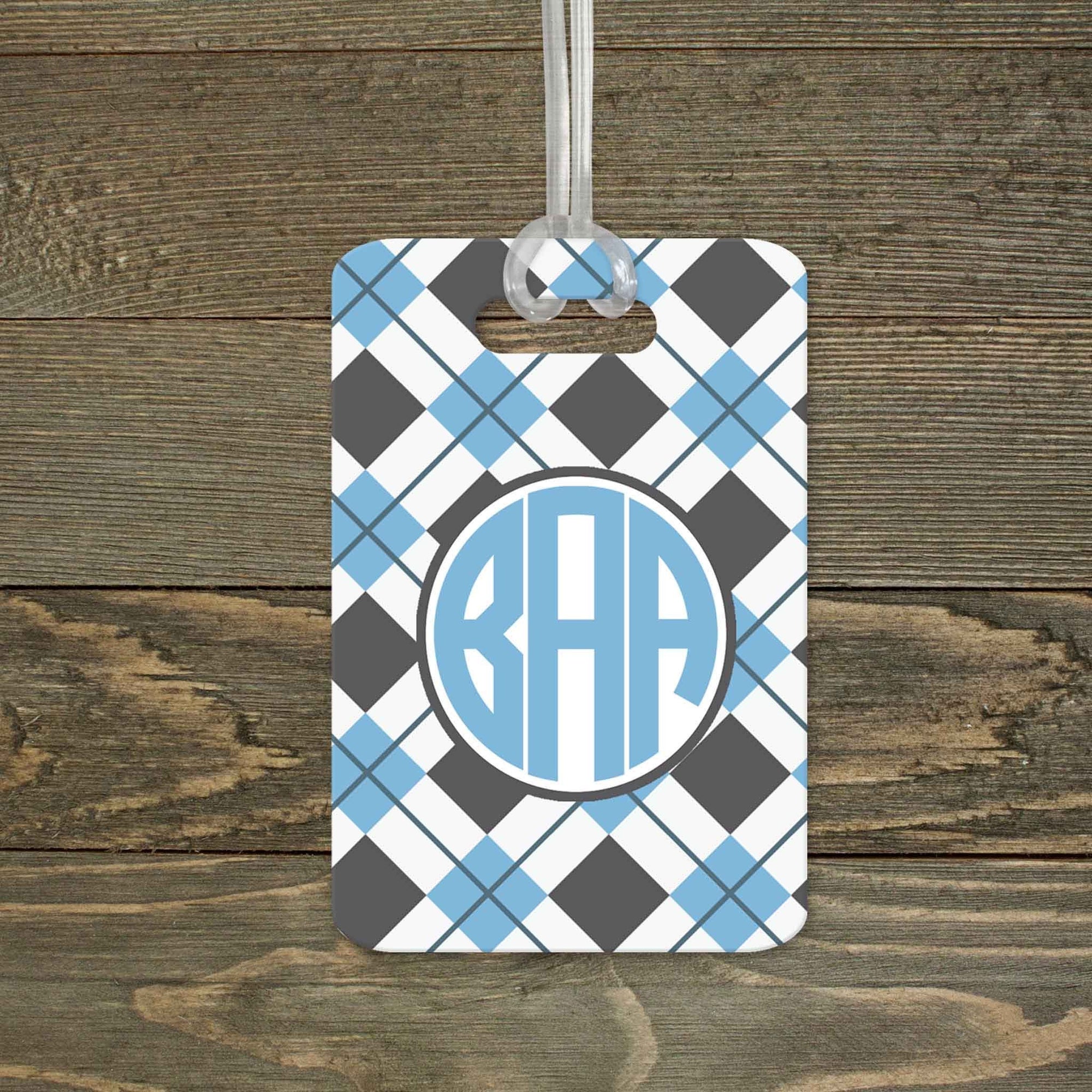 This & That Solutions - Personalized Luggage Tag | Custom Monogram Bag Tag | Light Blue Argyle - Personalized Gifts & Custom Home Decor