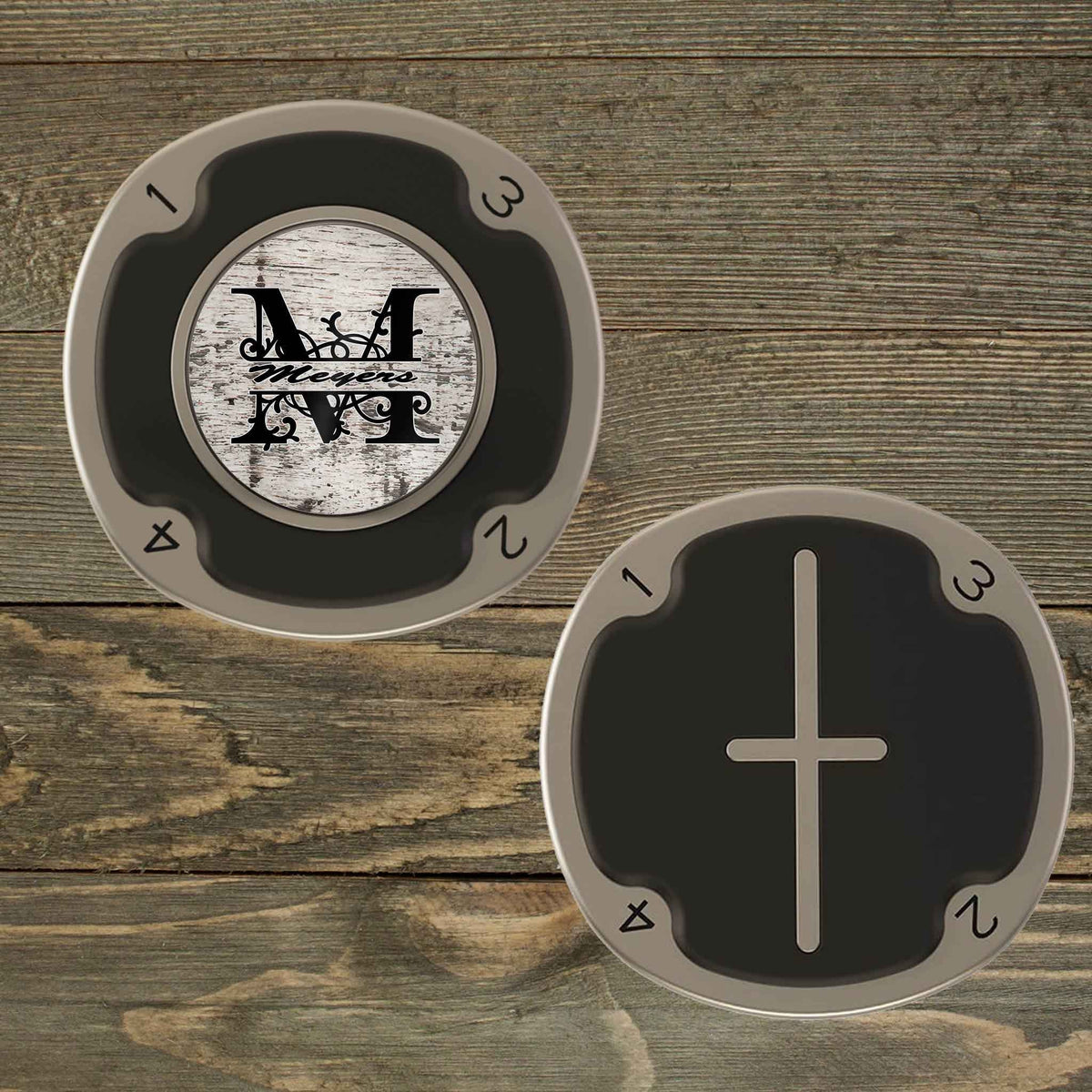 Personalized PitchFix MultiMarker Tool | Custom Ball Markers | Golf Gifts | Distressed Wood Monogram