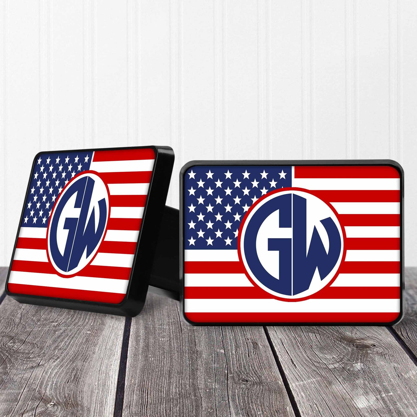 Personalized Trailer Hitch Cover | Custom Car Accessories | American Flag Monogram