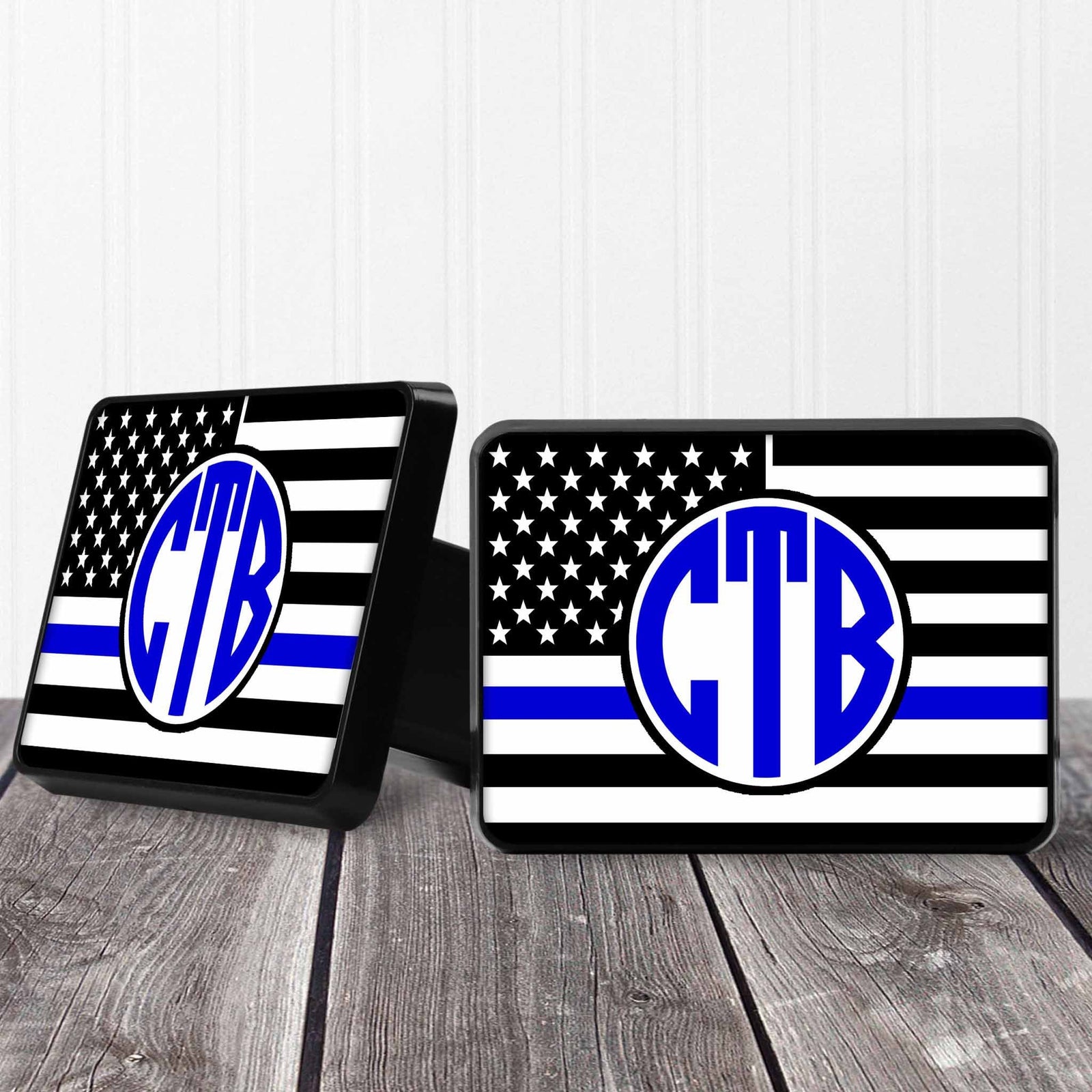 Personalized Trailer Hitch Cover | Custom Car Accessories | Police Blue Line Monogram
