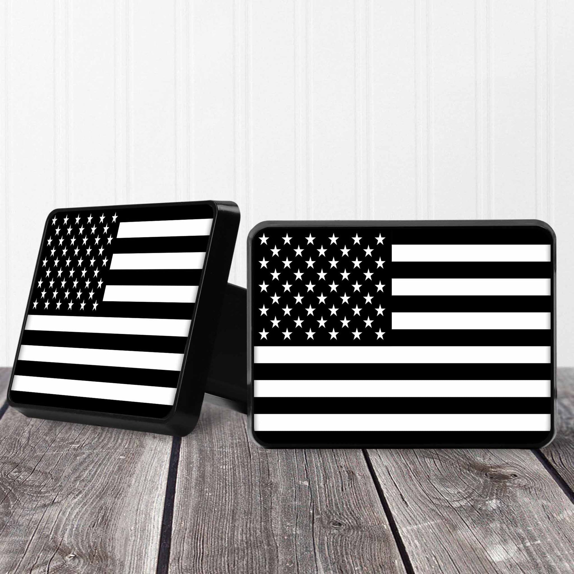 Personalized Trailer Hitch Cover | Custom Car Accessories | American Flag Black & White