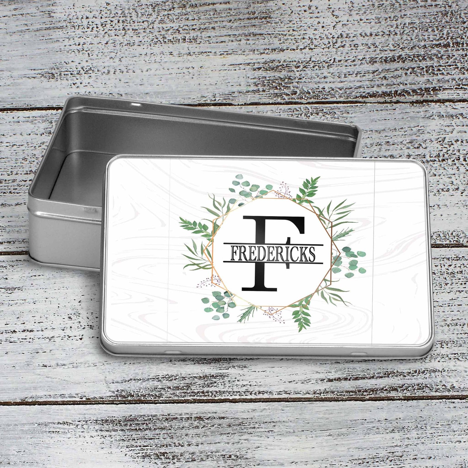 Custom Aluminum Tin | Photo Storage Box | Puzzle Tin | Spring Wreath Monogram