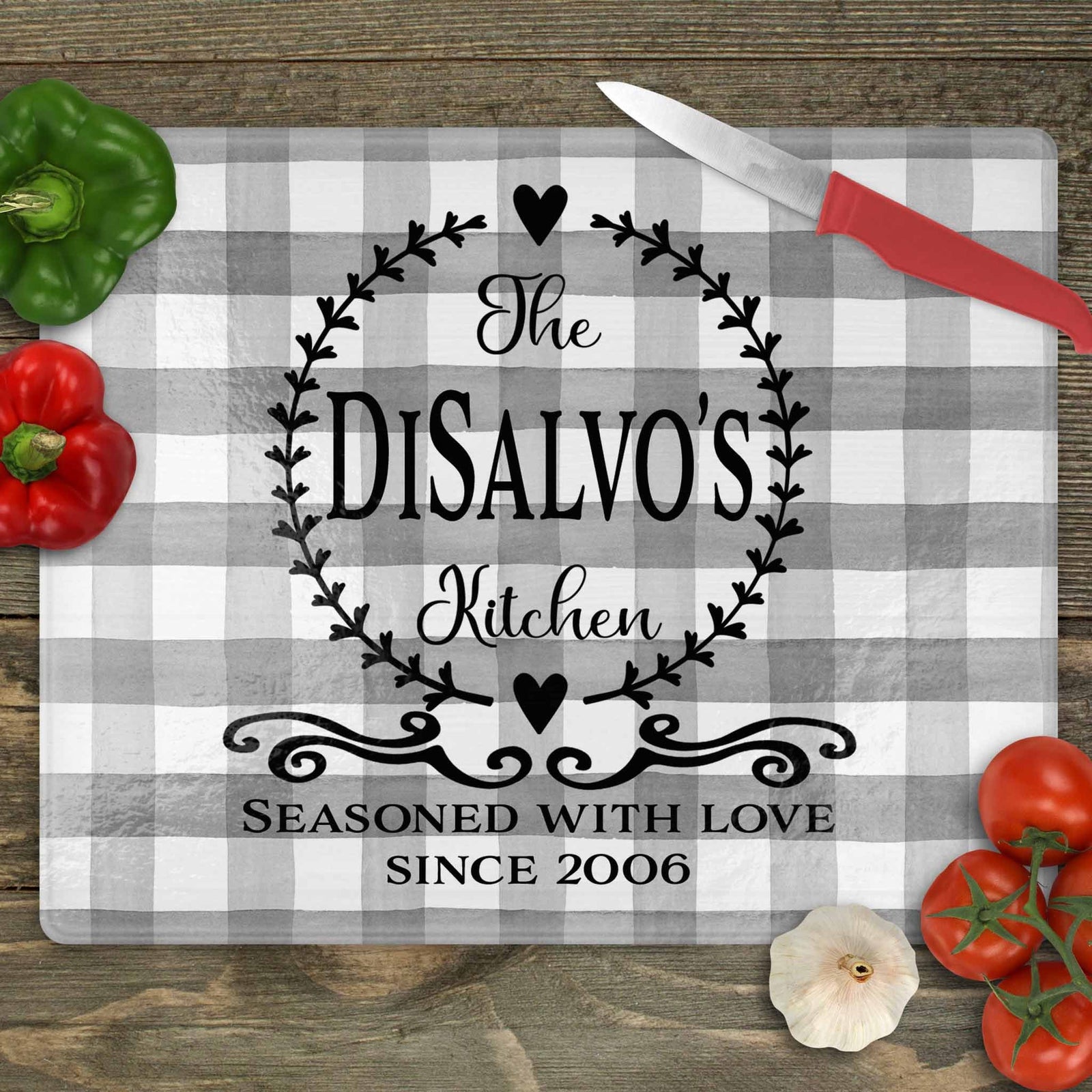 Personalized Cutting Board | Custom Glass Cutting Board | Seasoned with Love Plaid