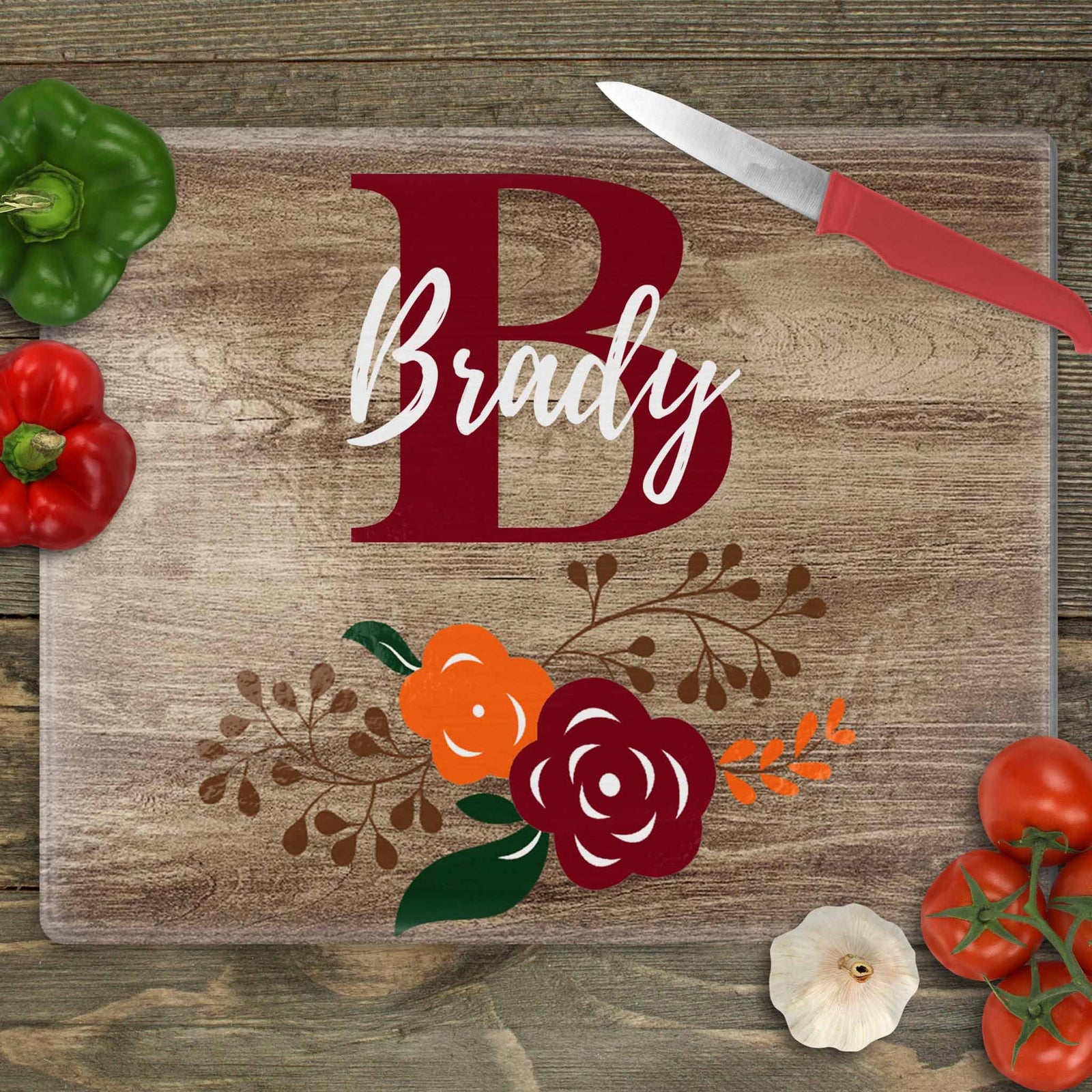 Personalized Cutting Board | Custom Glass Cutting Board | Faux Wood Burgundy