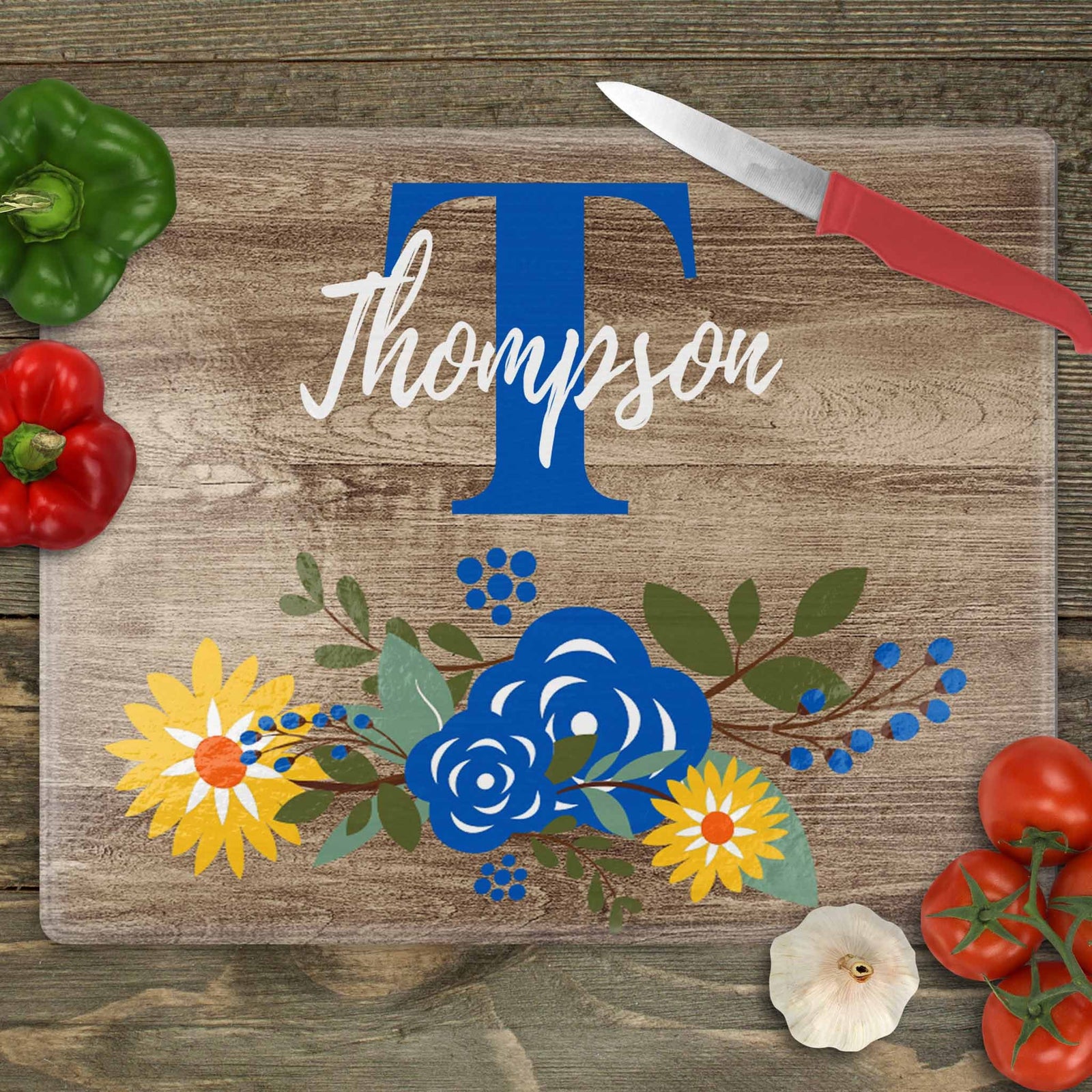 Personalized Cutting Board | Custom Glass Cutting Board | Faux Wood Sunflower