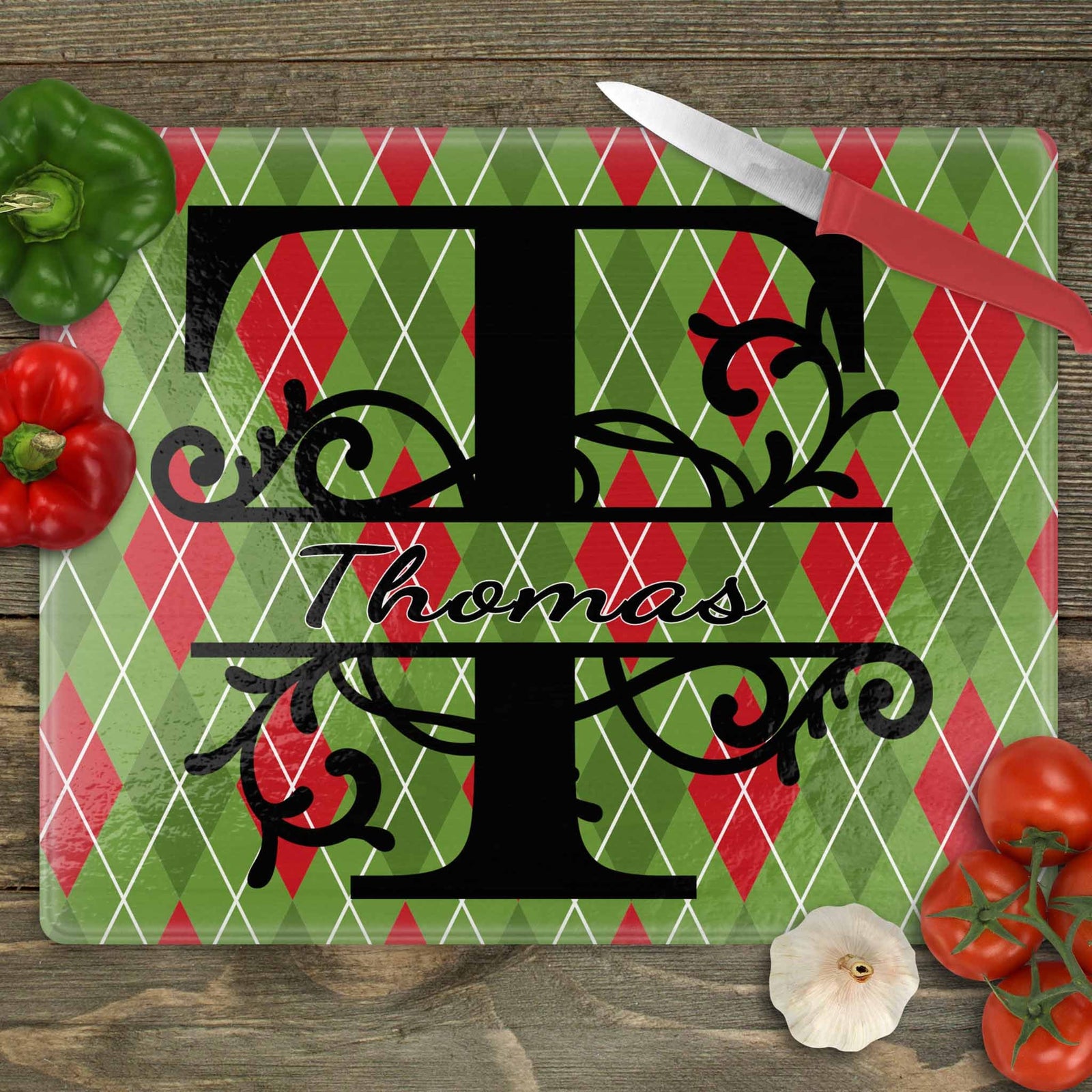Personalized Cutting Board | Custom Glass Cutting Board | Holiday Argyle