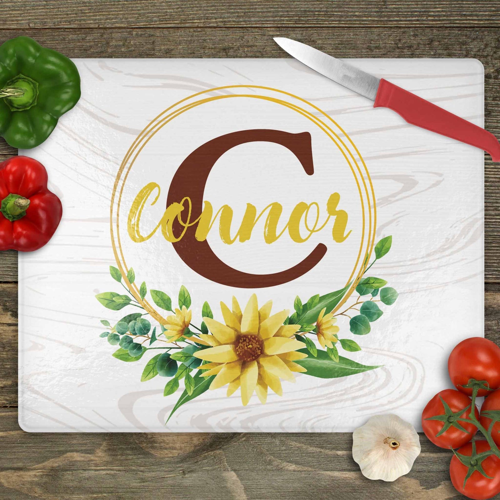 Personalized Cutting Board | Custom Glass Cutting Board | Sunflower Monogram