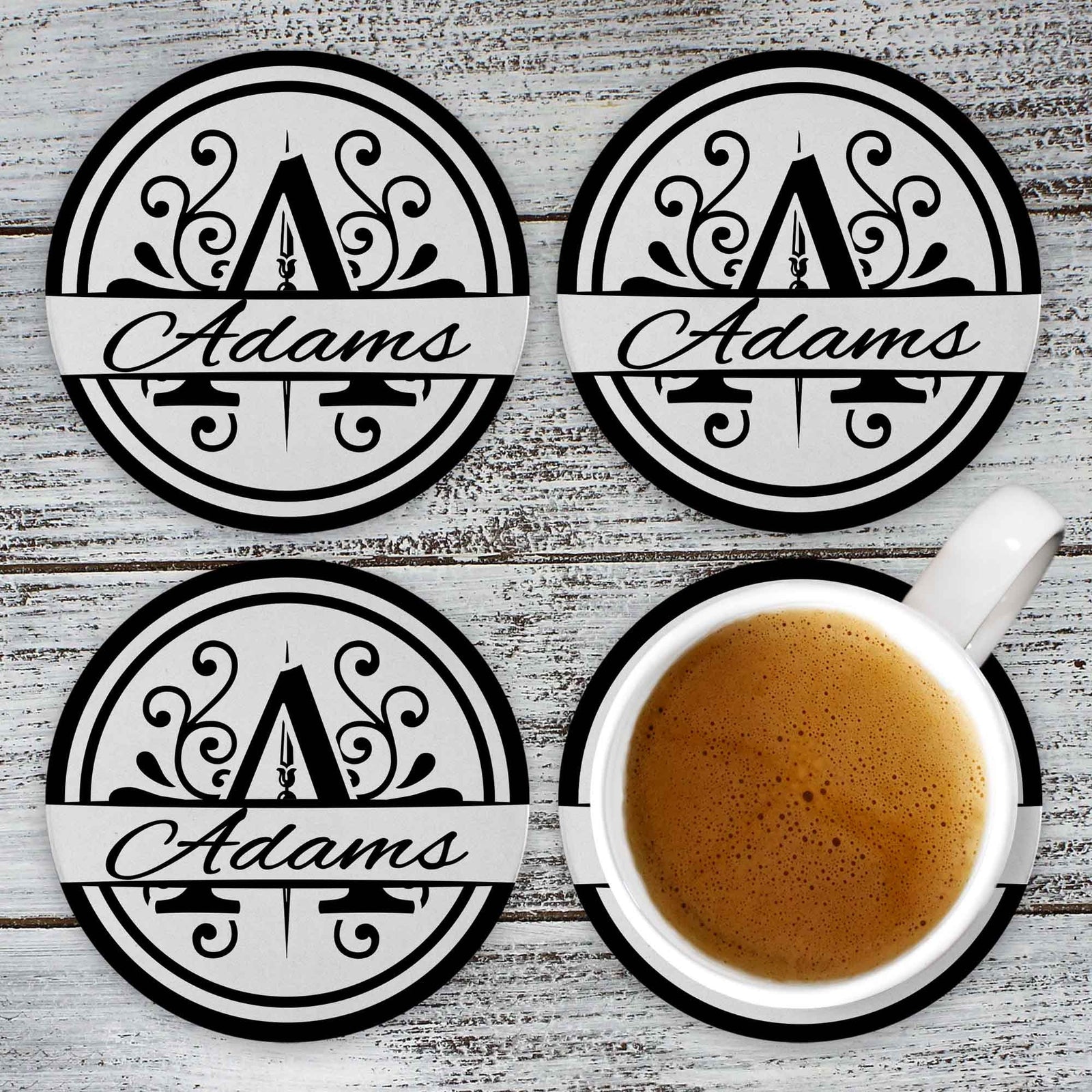 Personalized Coasters | Custom Stone Coaster Set | Split Circle Monogram | Set of 4