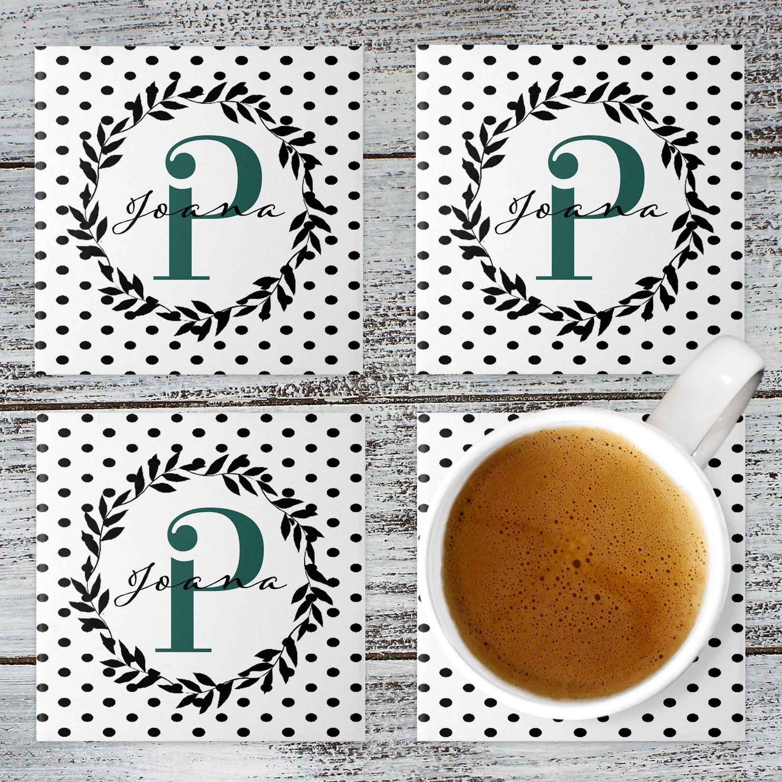 Personalized Coasters | Custom Stone Coaster Set | Polka Dot Wreath | Set of 4