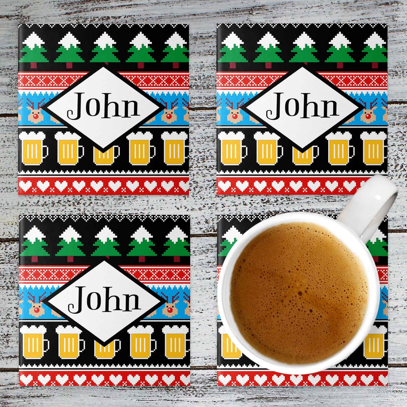 Personalized Coasters | Custom Stone Coaster Set | Ugly Sweater Reindeer | Set of 4