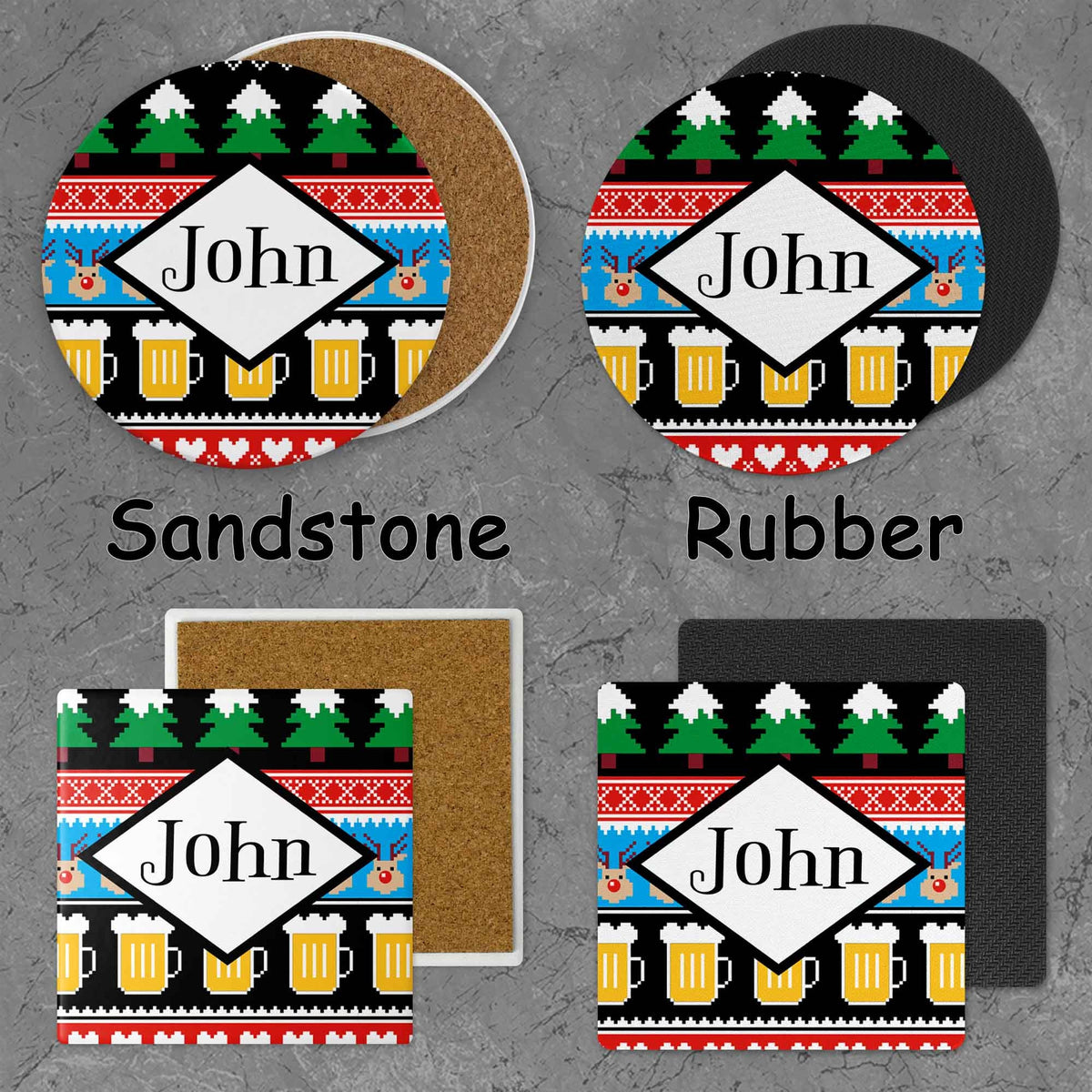 Personalized Coasters | Custom Stone Coaster Set | Ugly Sweater Reindeer | Set of 4