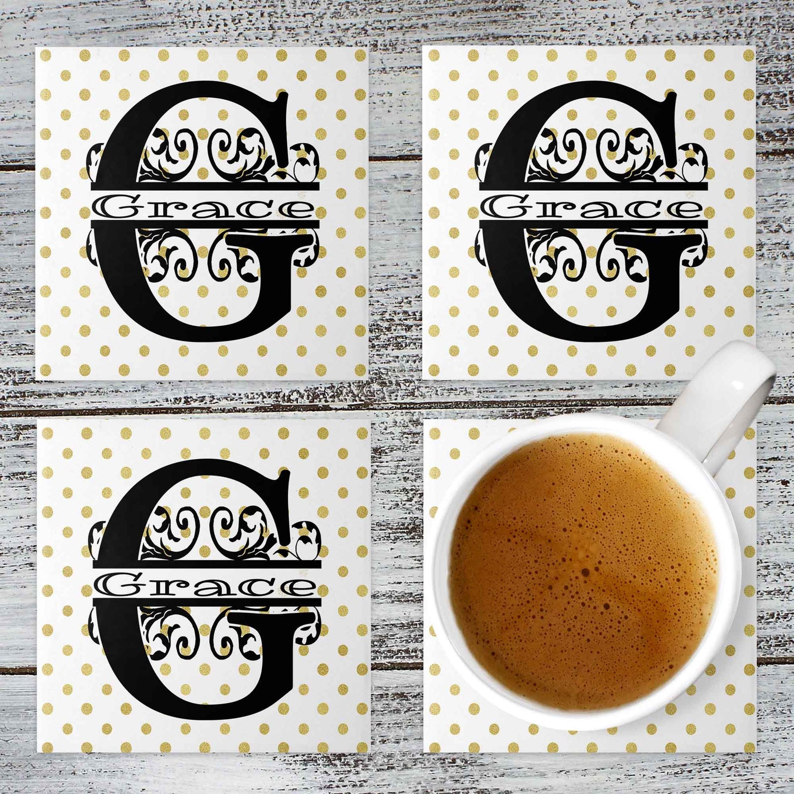 Personalized Coasters | Custom Stone Coaster Set | Gold Polka Dot | Set of 4