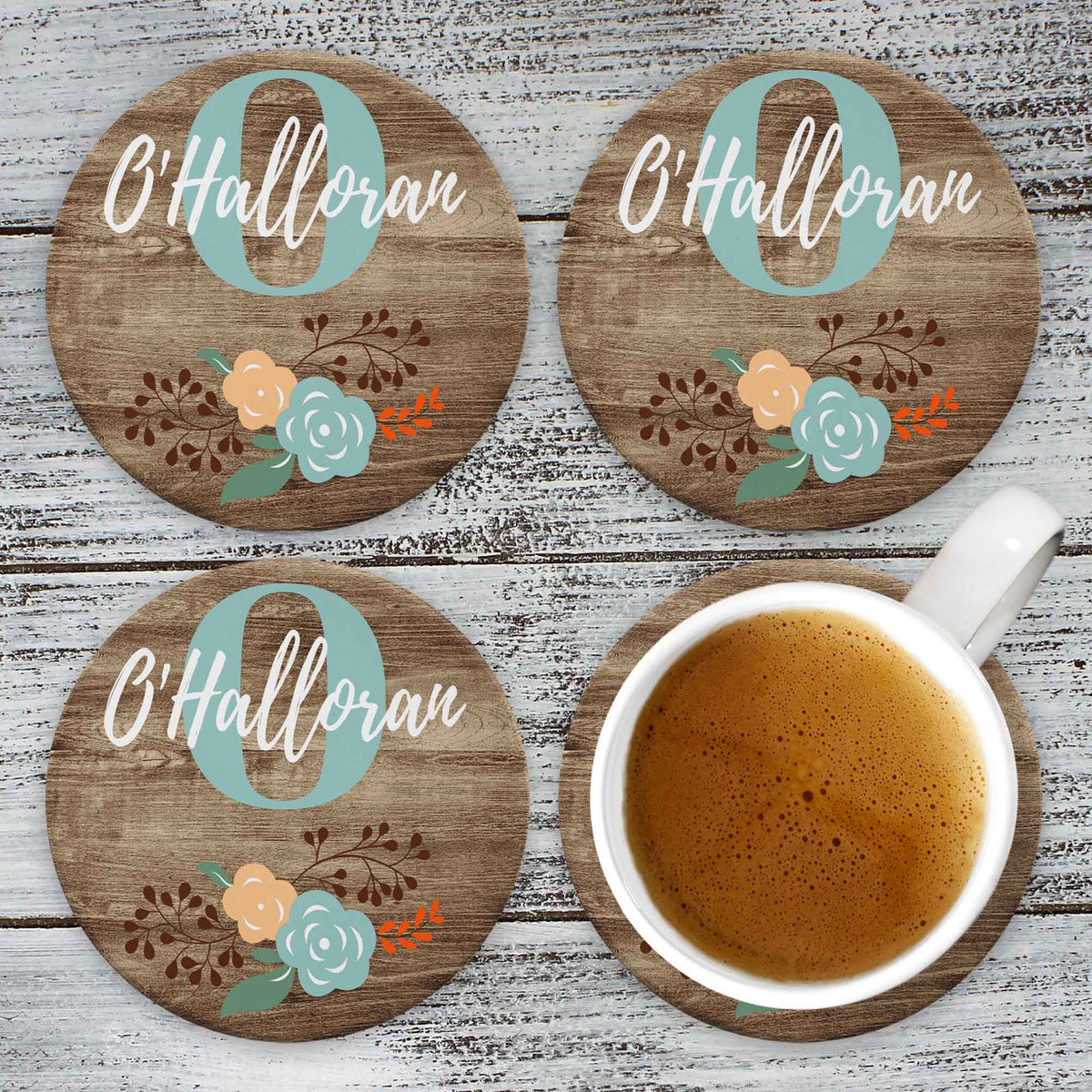 Personalized Coasters | Custom Stone Coaster Set | Faux Wood Floral | Set of 4