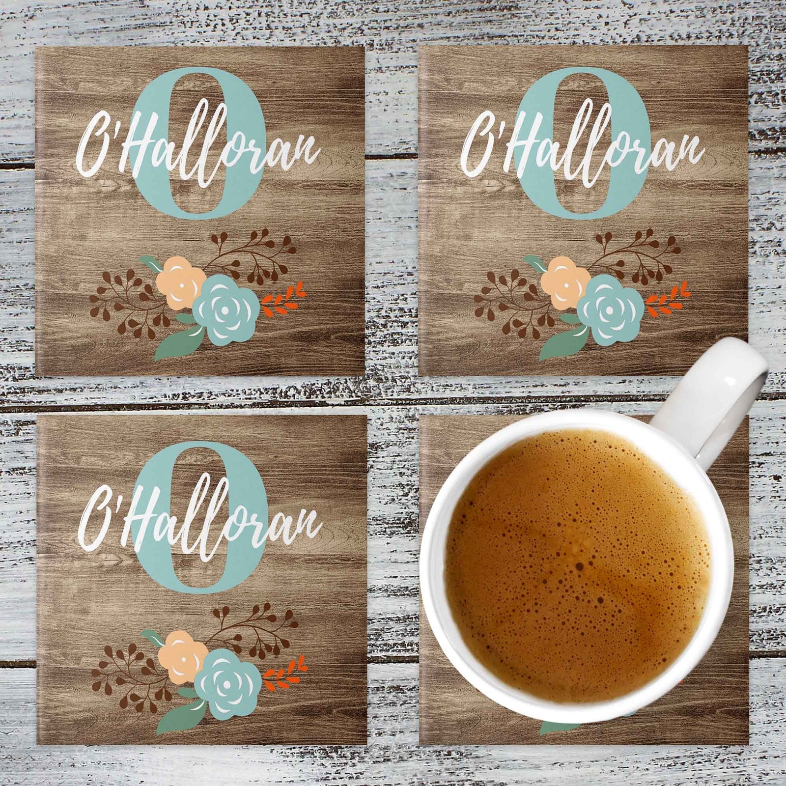 Personalized Coasters | Custom Stone Coaster Set | Faux Wood Floral | Set of 4