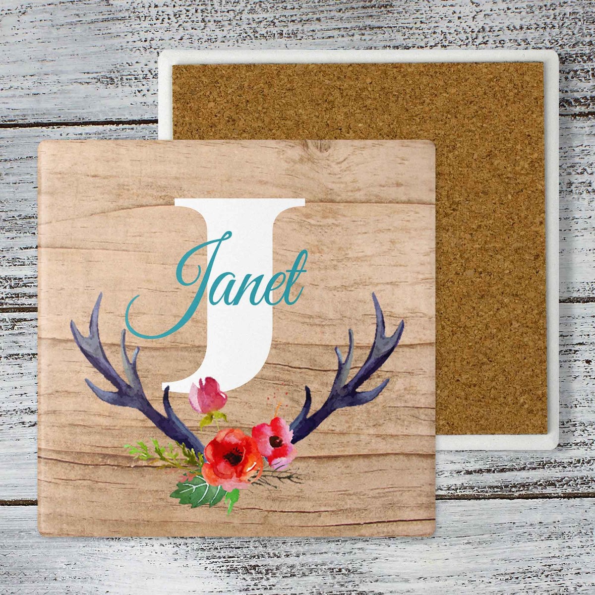 Personalized Coasters | Custom Stone Coaster Set | Floral Antlers | Set of 4