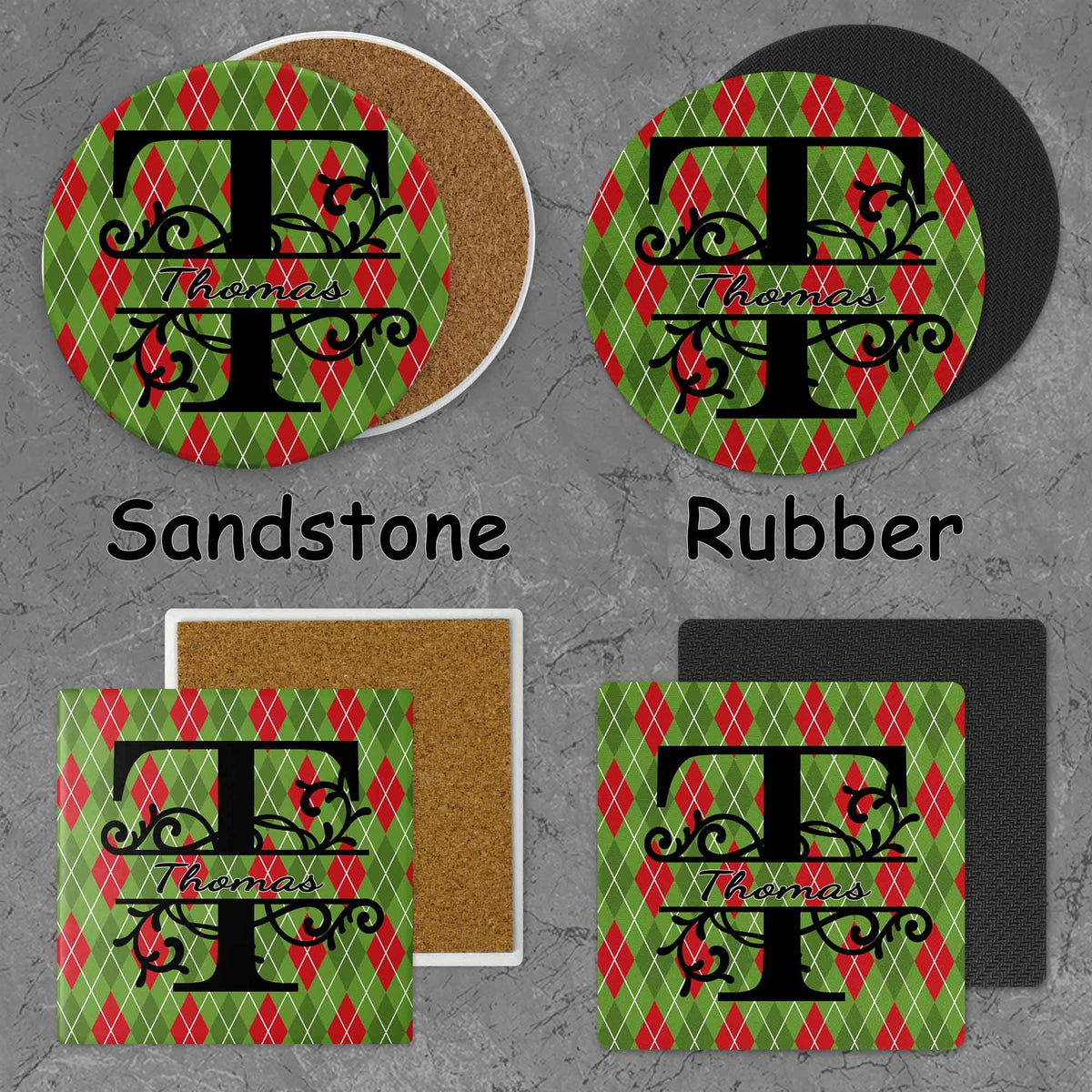 Personalized Coasters | Custom Stone Coaster Set | Holiday Argyle | Set of 4