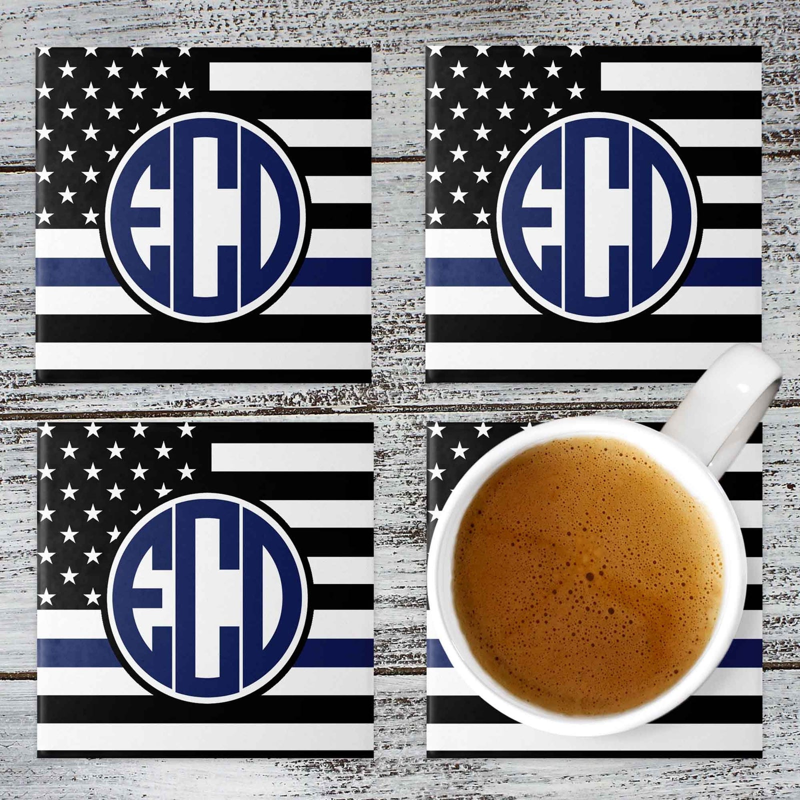 Personalized Coasters | Custom Stone Coaster Set | Blue Line | Set of 4