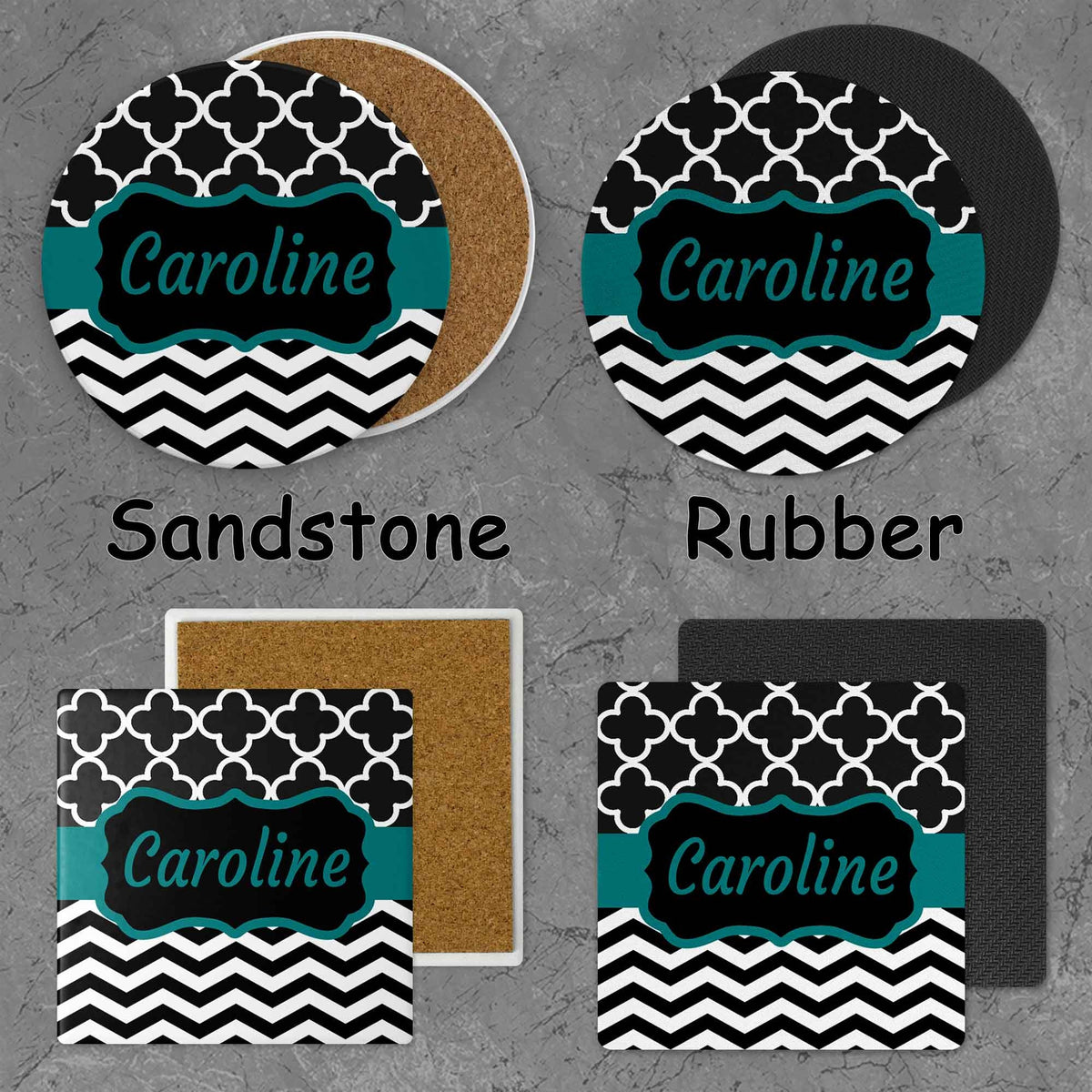 Personalized Coasters | Custom Stone Coaster Set | Teal Chevron | Set of 4