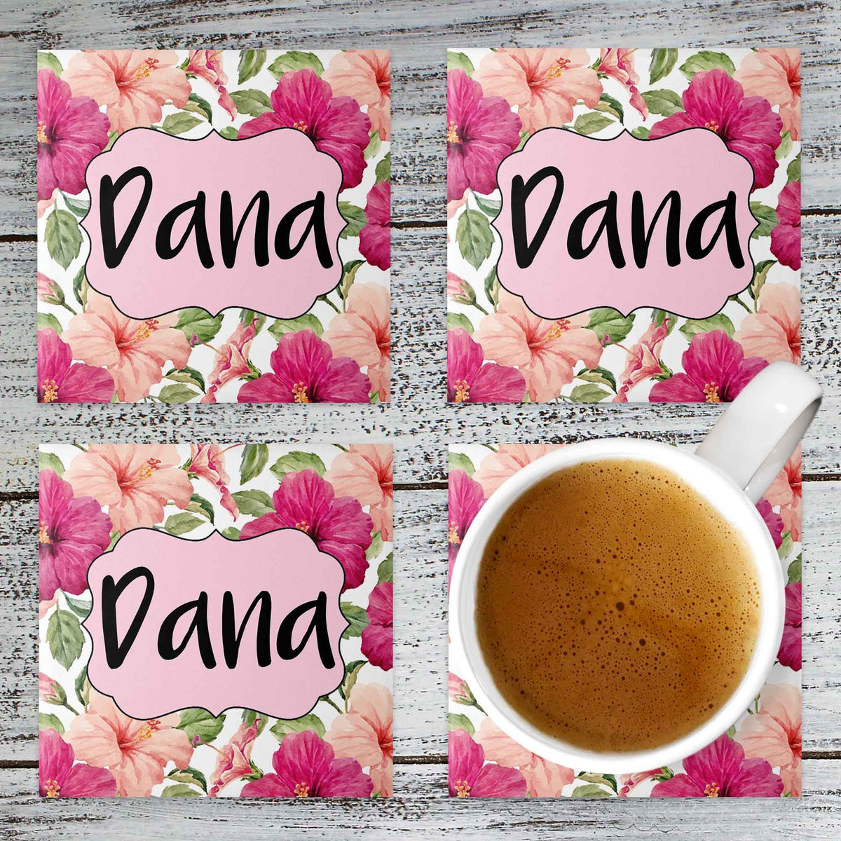 Personalized Coasters | Custom Stone Coaster Set | Floral Hibiscus | Set of 4