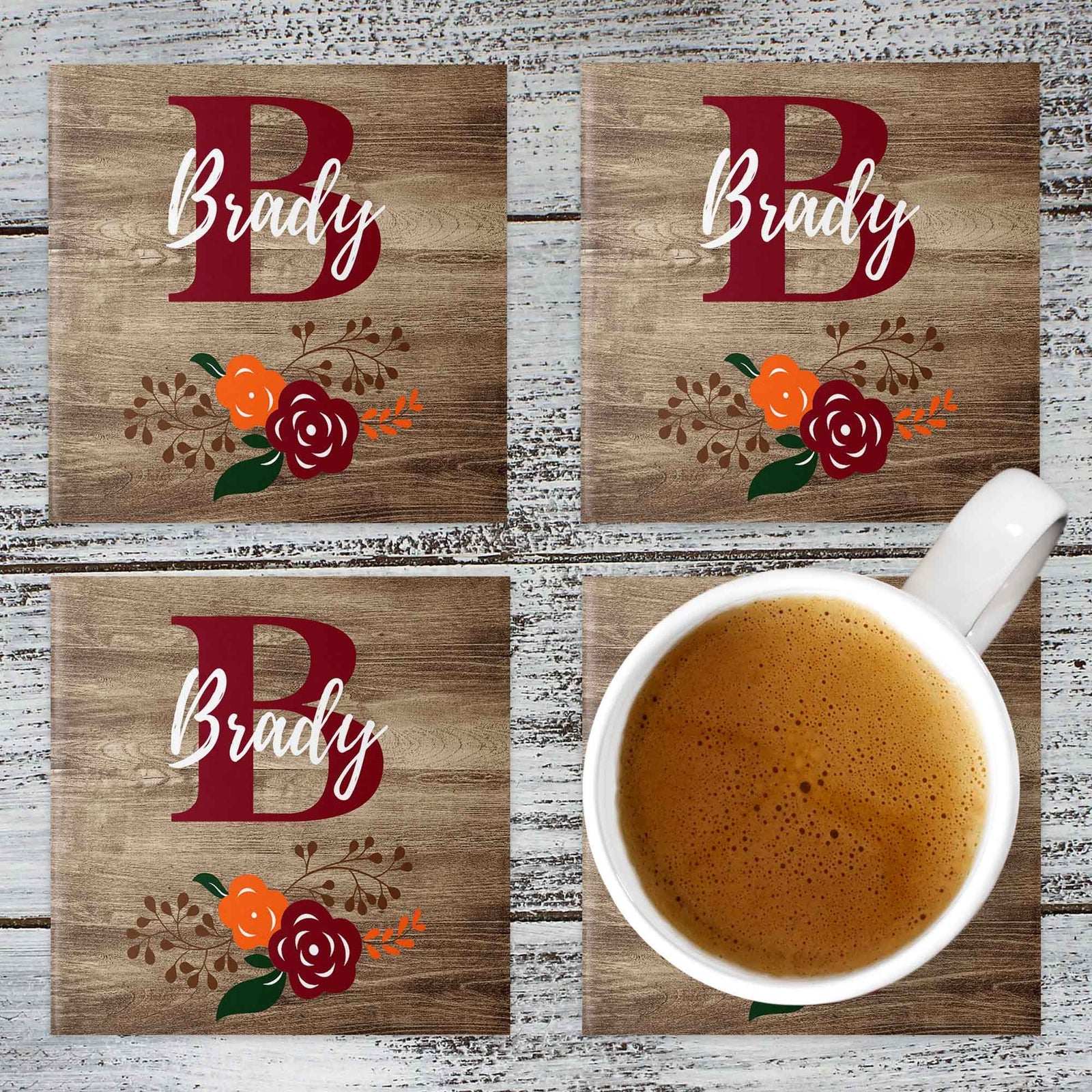 Personalized Coasters | Custom Stone Coaster Set | Faux Wood Burgundy | Set of 4