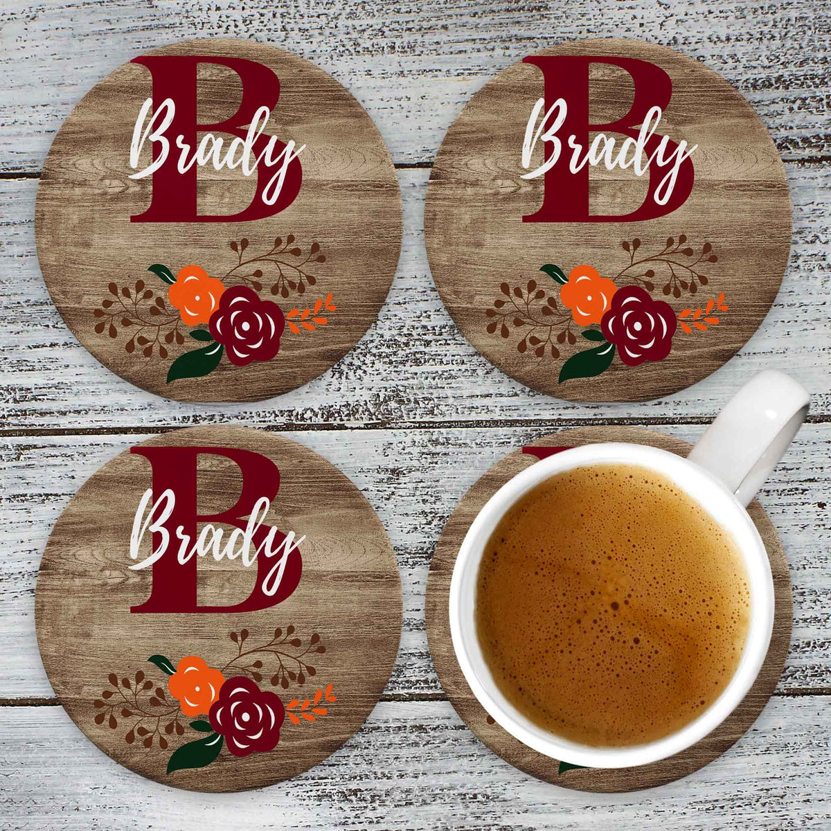 Personalized Coasters | Custom Stone Coaster Set | Faux Wood Burgundy | Set of 4