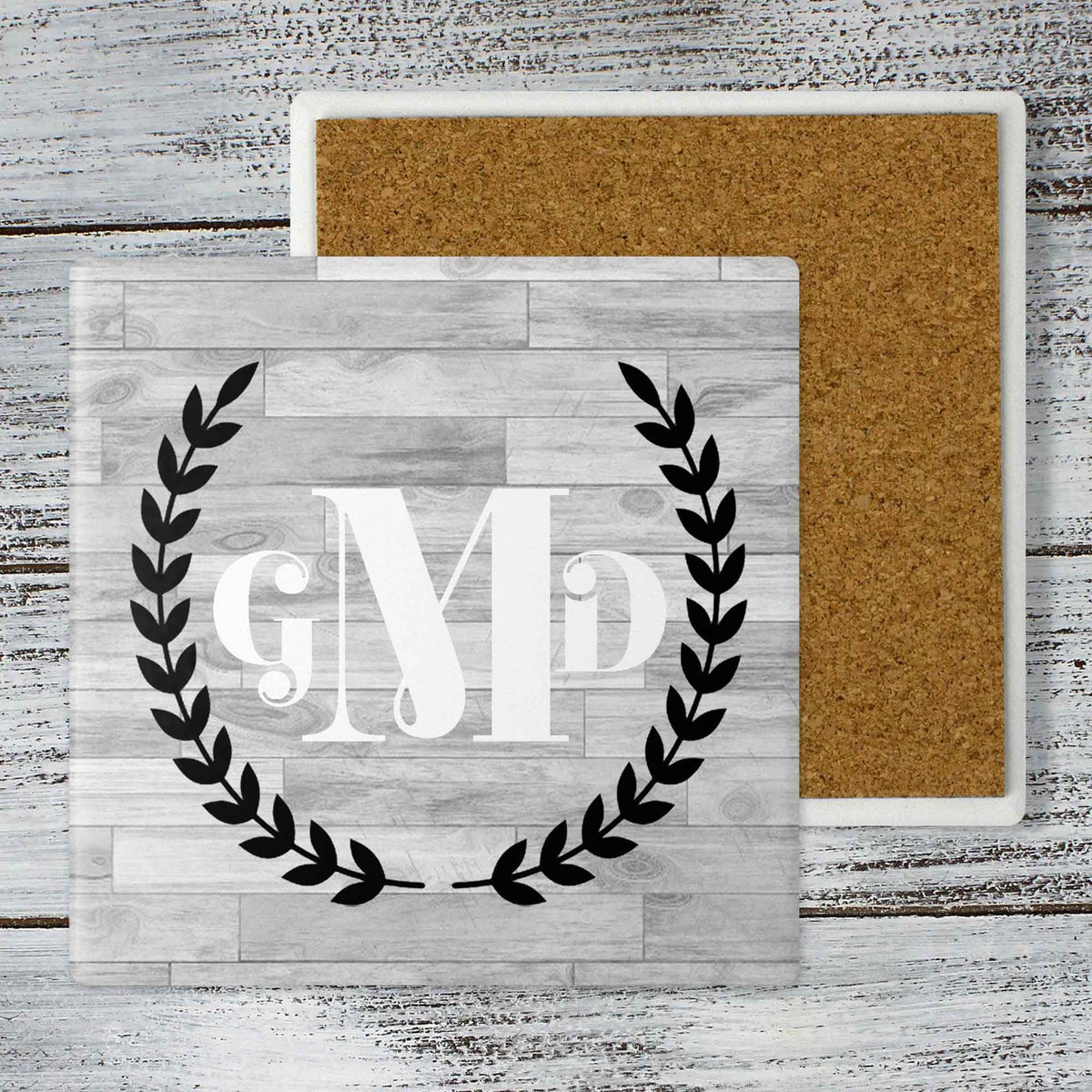 Personalized Coasters | Custom Stone Coaster Set | Laurel Wreath Monogram | Set of 4