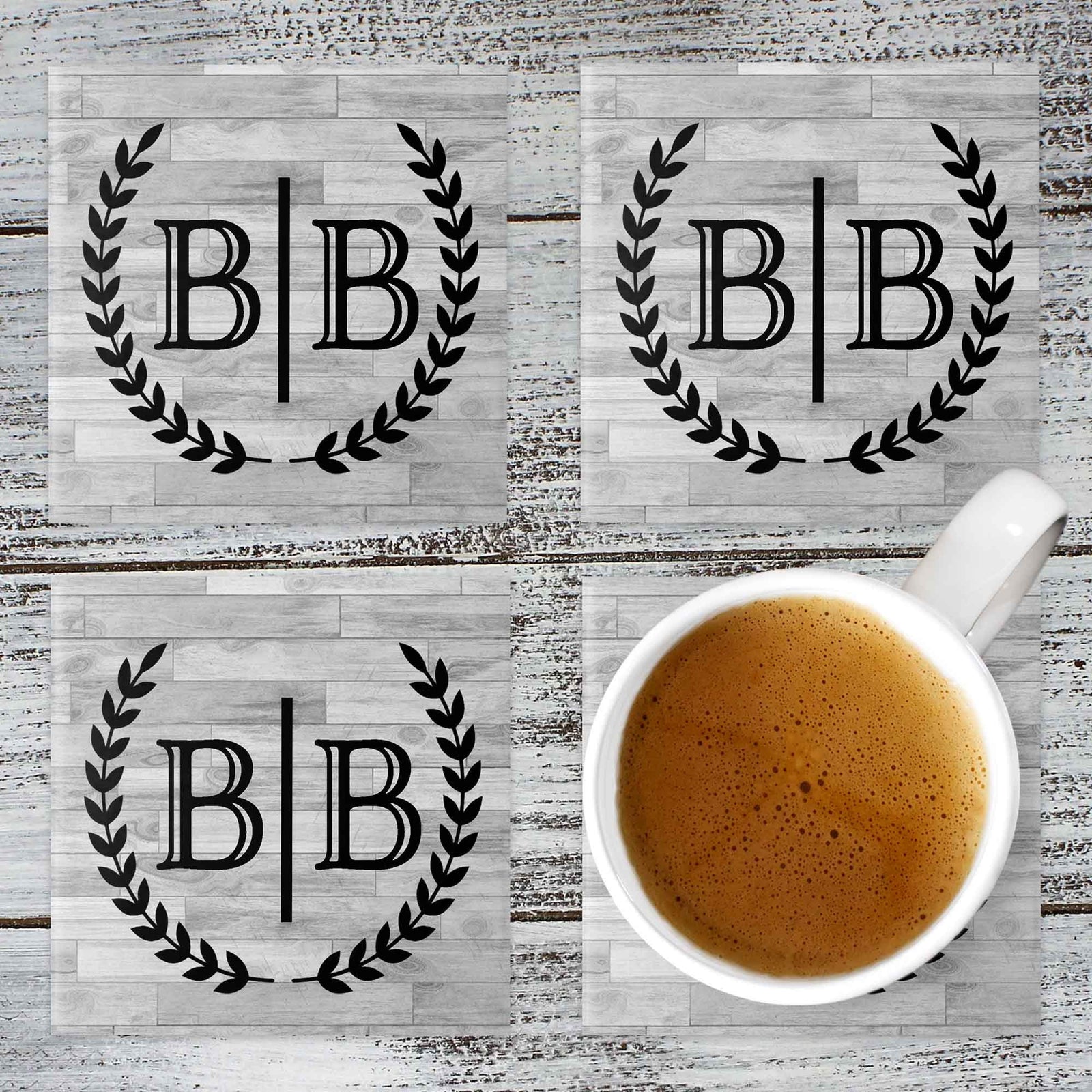 Personalized Coasters | Custom Stone Coaster Set | Laurel Wreath Side by Side | Set of 4