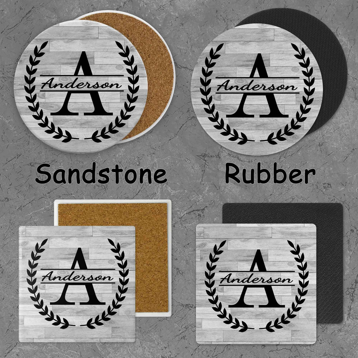 Personalized Coasters | Custom Stone Coaster Set | Laurel Wreath Split Monogram | Set of 4