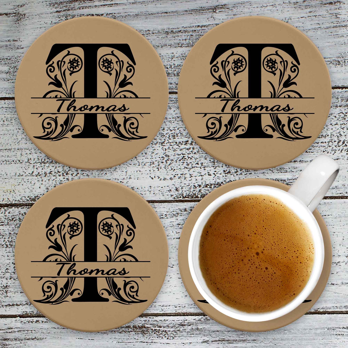 Personalized Coasters | Custom Stone Coaster Set | Soft Brown Monogram | Set of 4