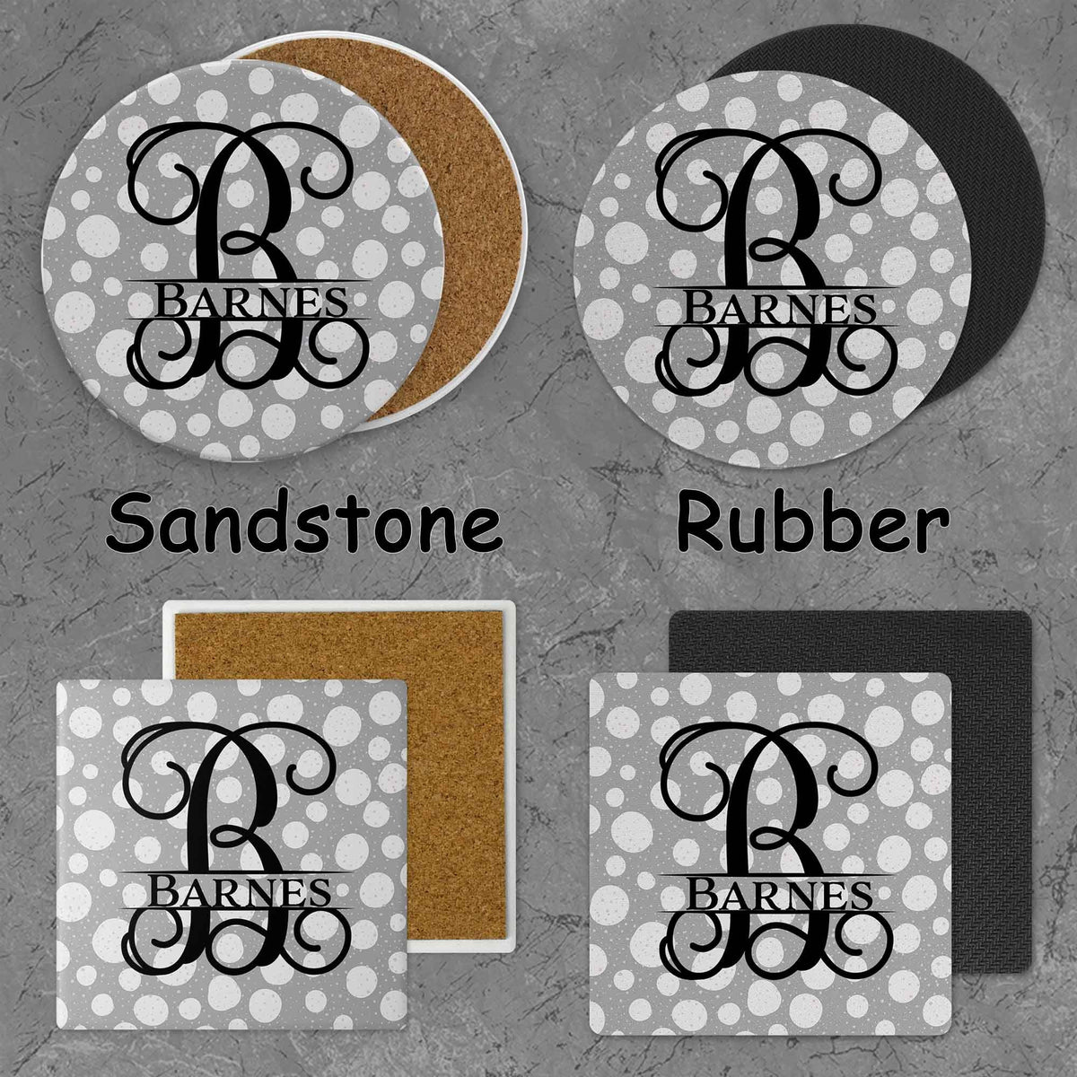 Personalized Coasters | Custom Stone Coaster Set | Gray and White Polka Dots | Set of 4
