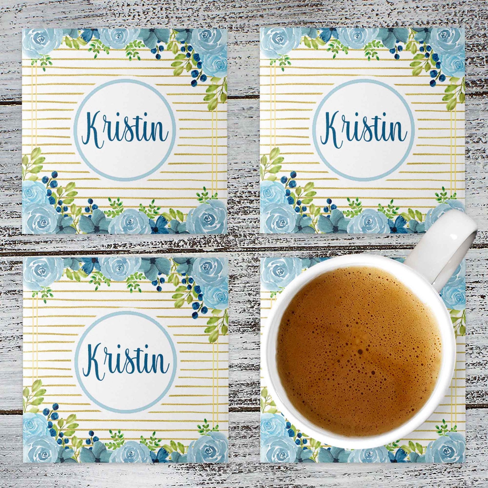 Personalized Coasters | Custom Stone Coaster Set | Blue and Gold Floral | Set of 4