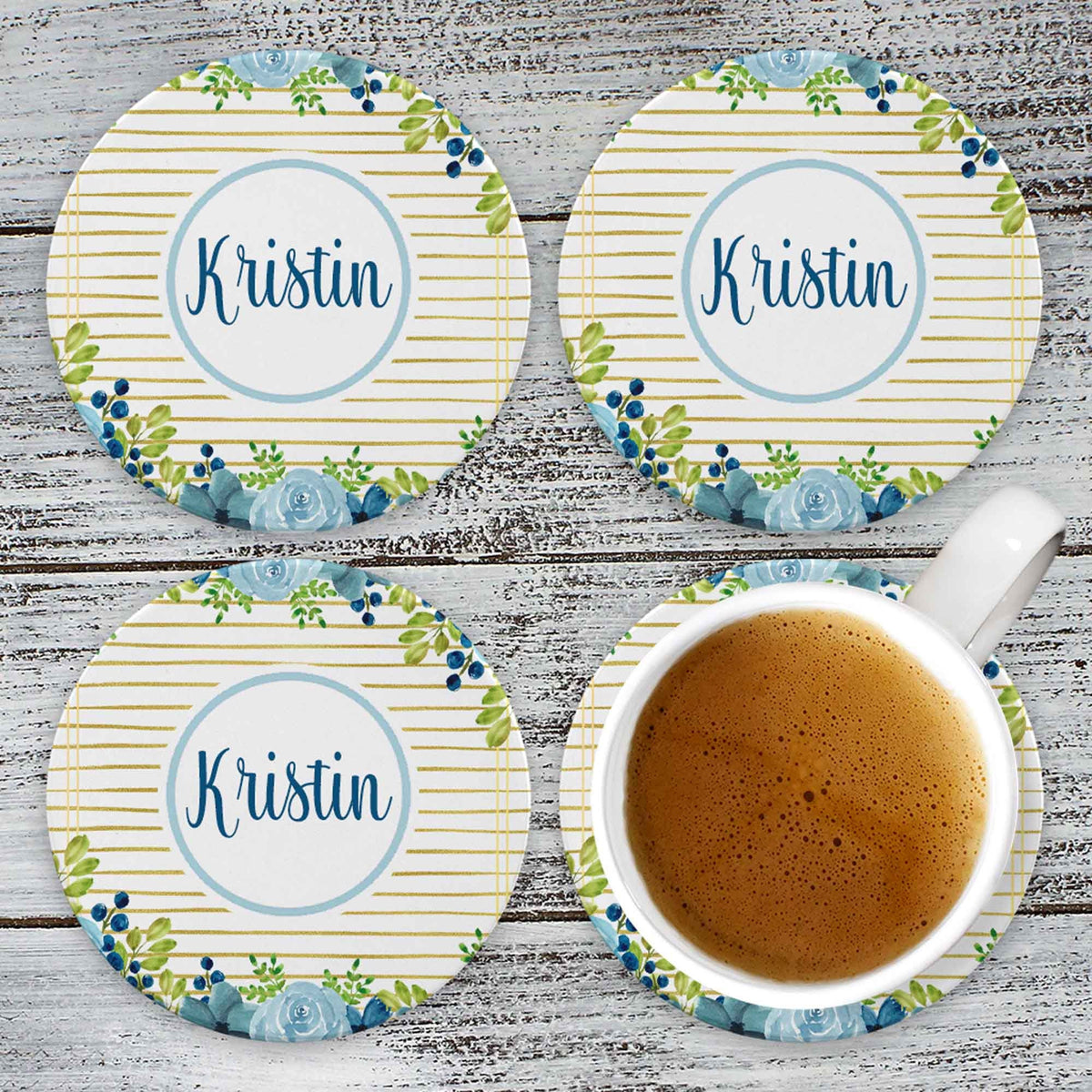 Personalized Coasters | Custom Stone Coaster Set | Blue and Gold Floral | Set of 4