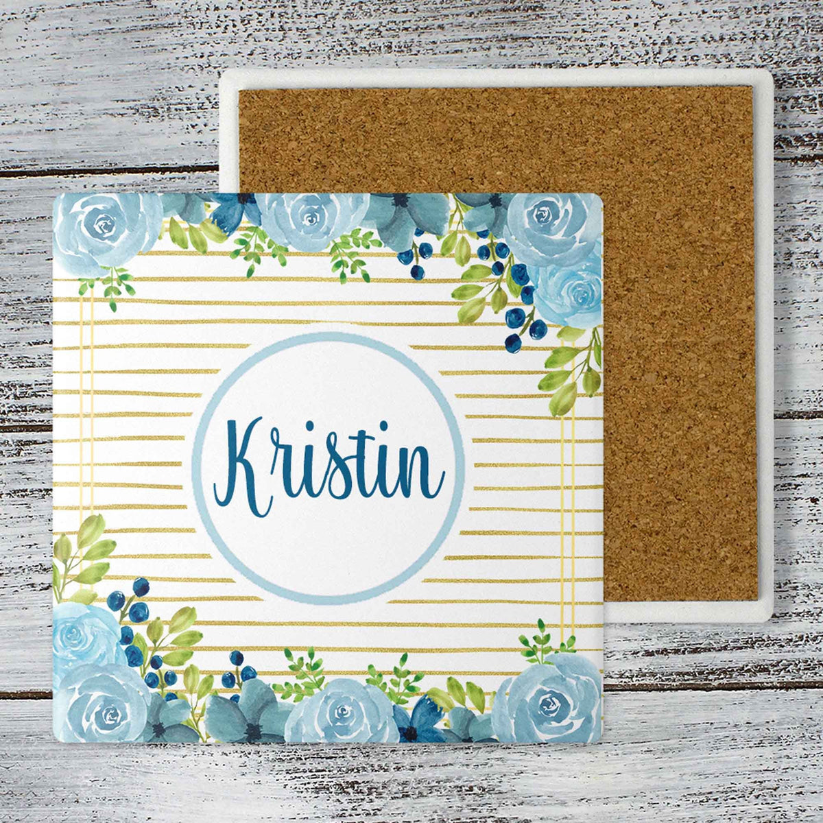 Personalized Coasters | Custom Stone Coaster Set | Blue and Gold Floral | Set of 4
