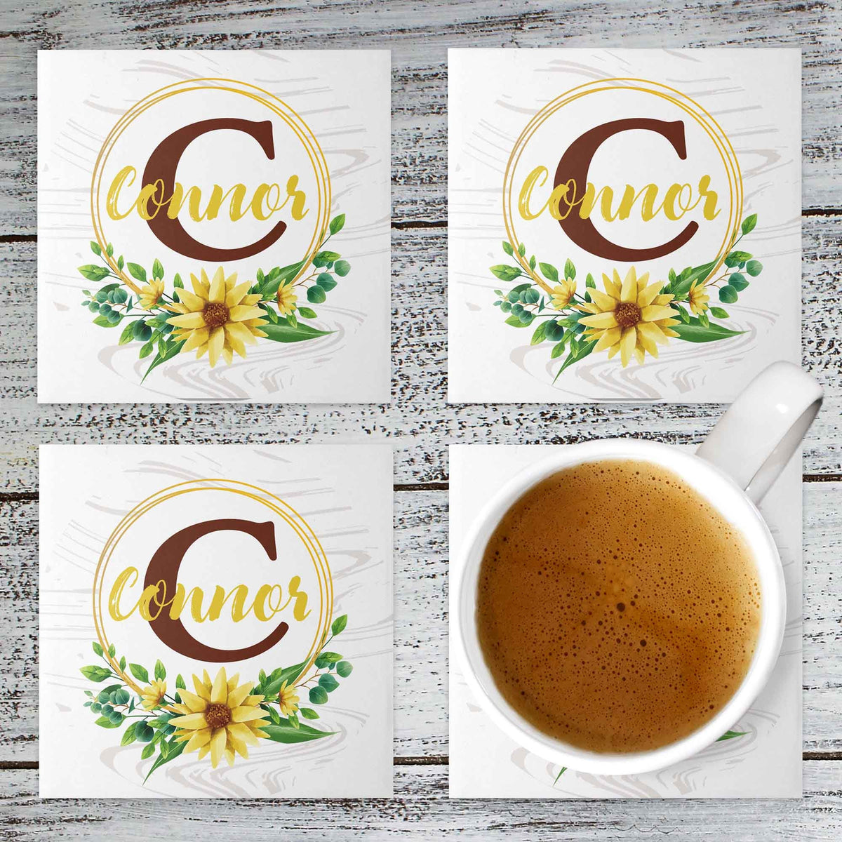 Personalized Coasters | Custom Stone Coaster Set | Sunflower Monogram | Set of 4