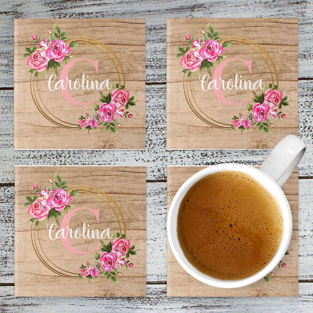 Personalized Coasters | Custom Stone Coaster Set | Gold Rose Wreath | Set of 4