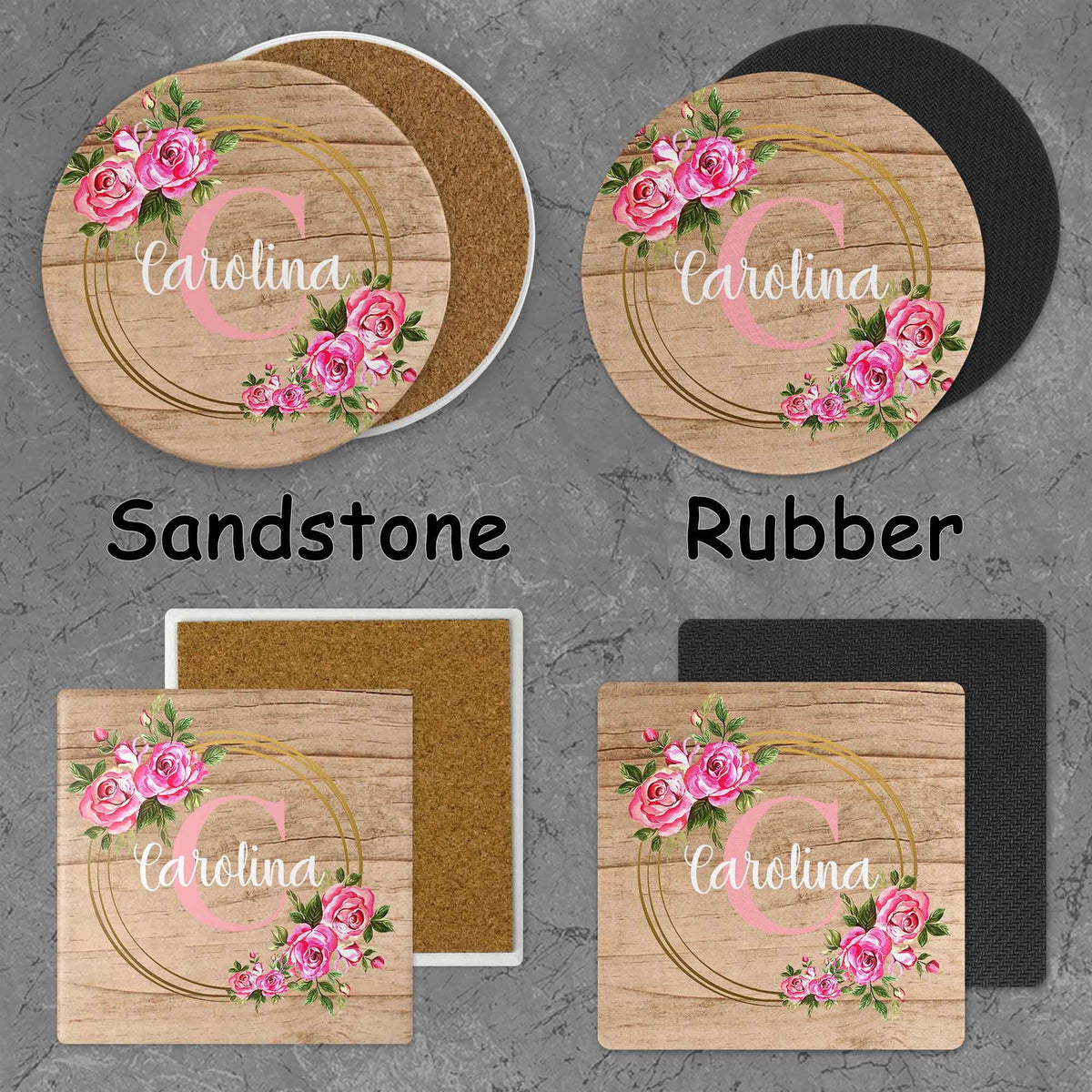 Personalized Coasters | Custom Stone Coaster Set | Gold Rose Wreath | Set of 4