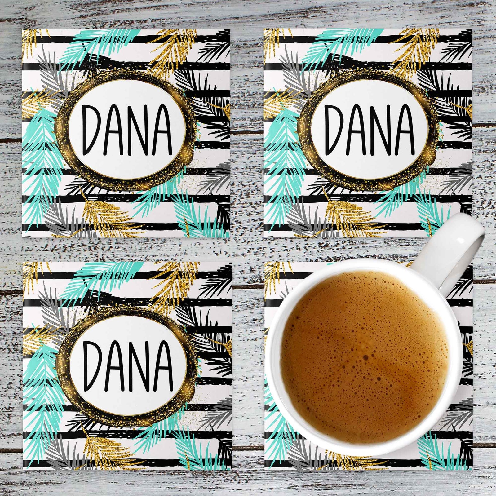 Personalized Coasters | Custom Stone Coaster Set | Glitter Palm | Set of 4