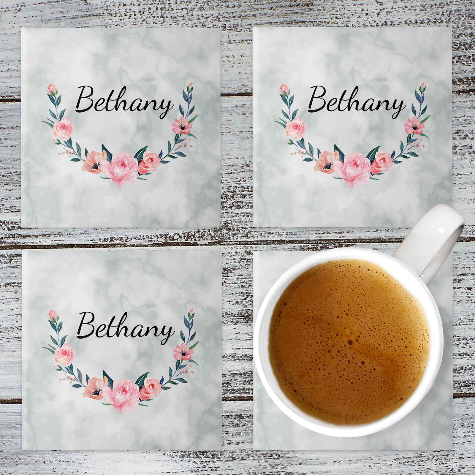 Personalized Coasters | Custom Stone Coaster Set | Blush Pink Bloom | Set of 4