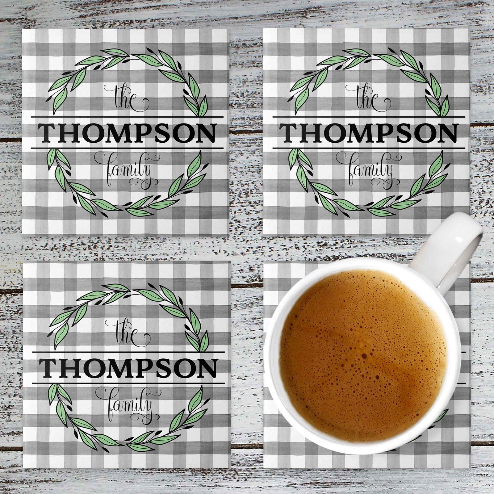 Personalized Coasters | Custom Stone Coaster Set | Green Leaf | Set of 4