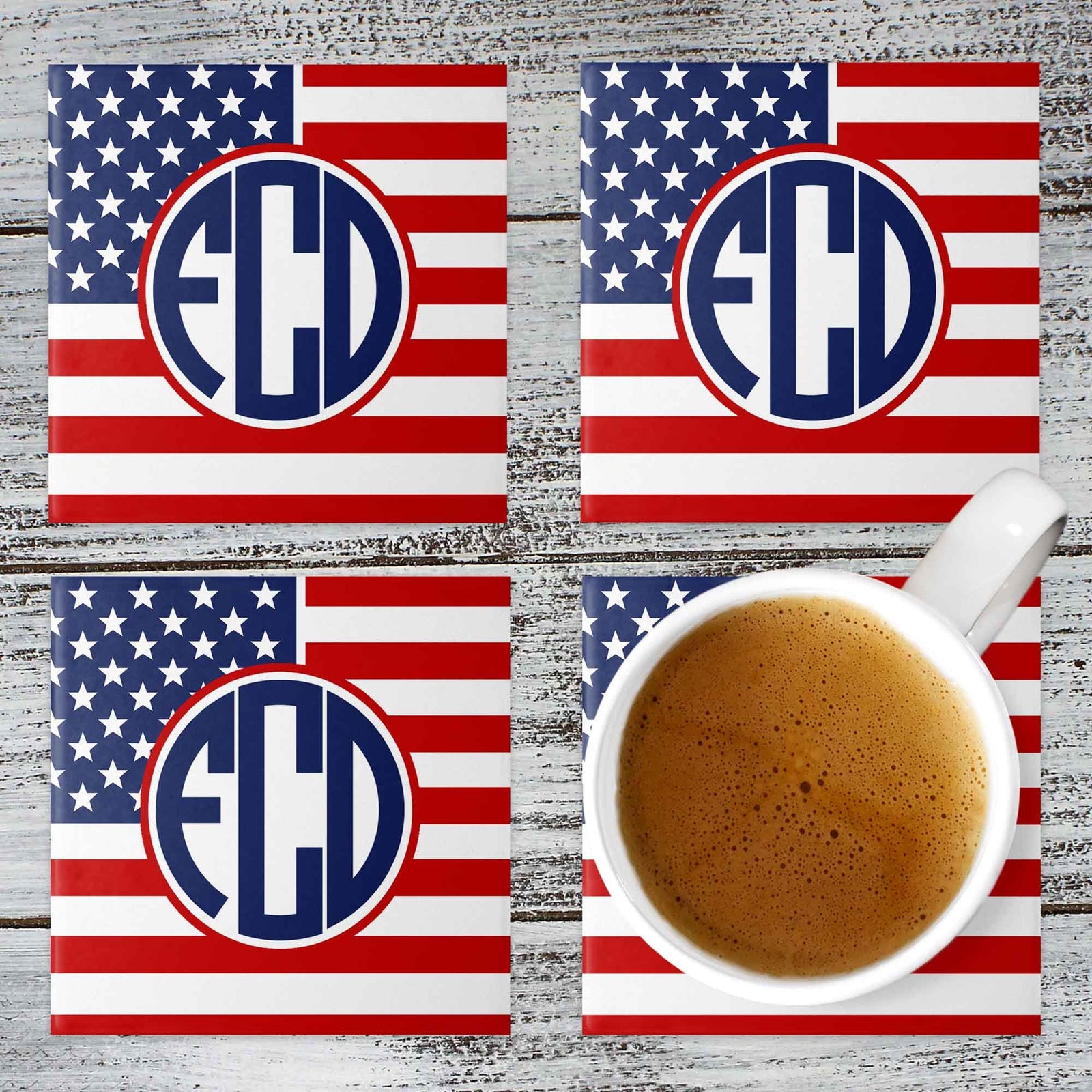 Personalized Coasters | Custom Stone Coaster Set | American Flag Monogram | Set of 4