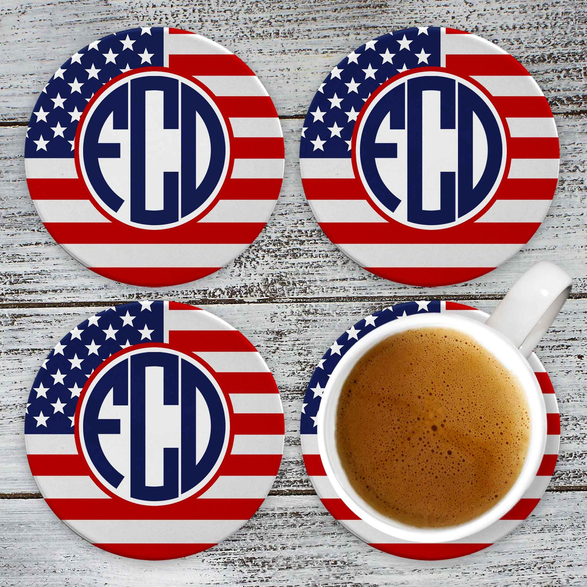 Personalized Coasters | Custom Stone Coaster Set | American Flag Monogram | Set of 4
