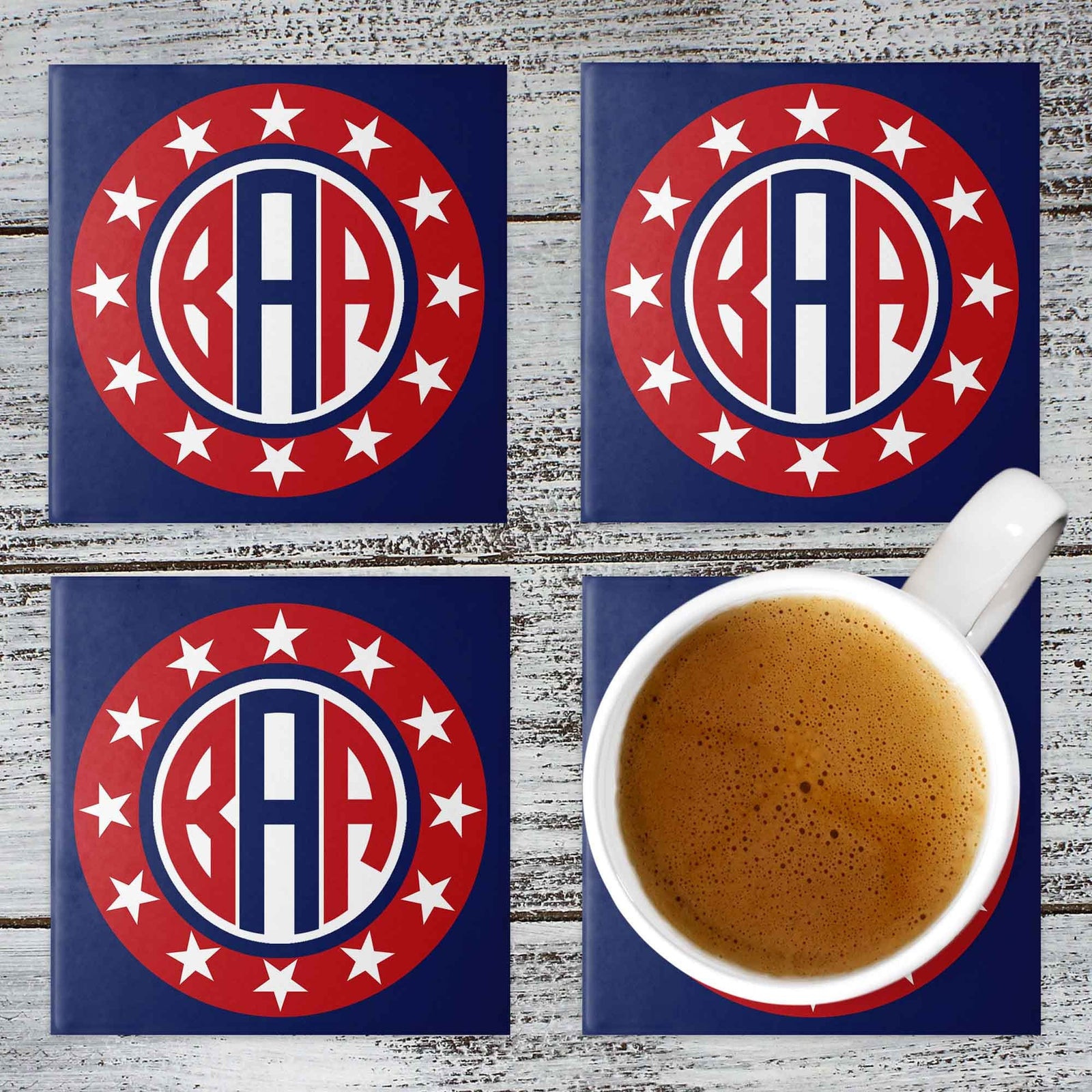 Personalized Coasters | Custom Stone Coaster Set | Star Shield Monogram | Set of 4