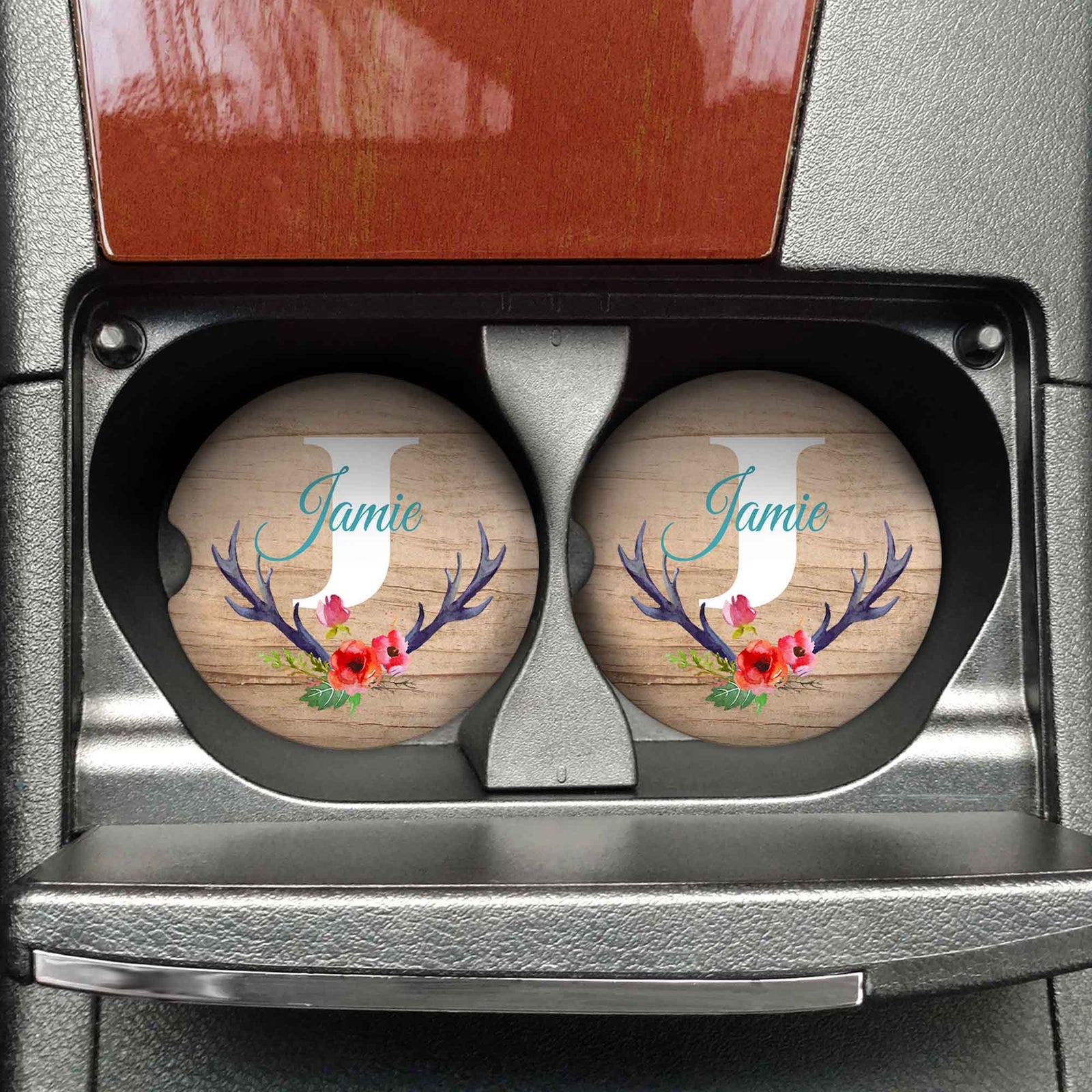 Personalized Car Coasters | Custom Car Accessories | Floral Antlers | Set of 2