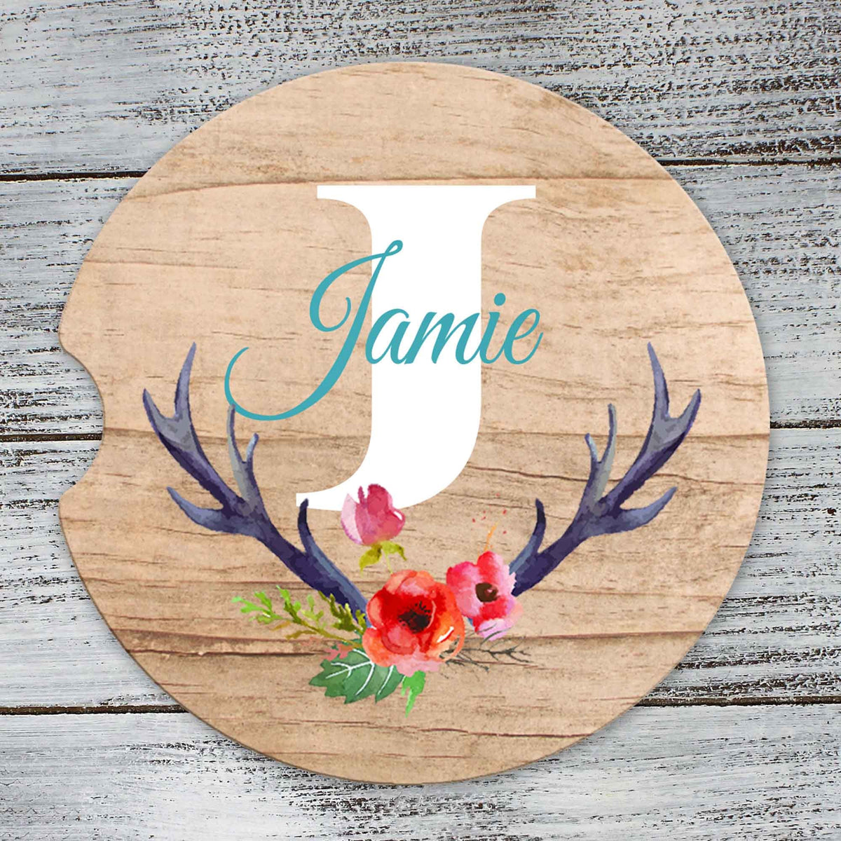 Personalized Car Coasters | Custom Car Accessories | Floral Antlers | Set of 2